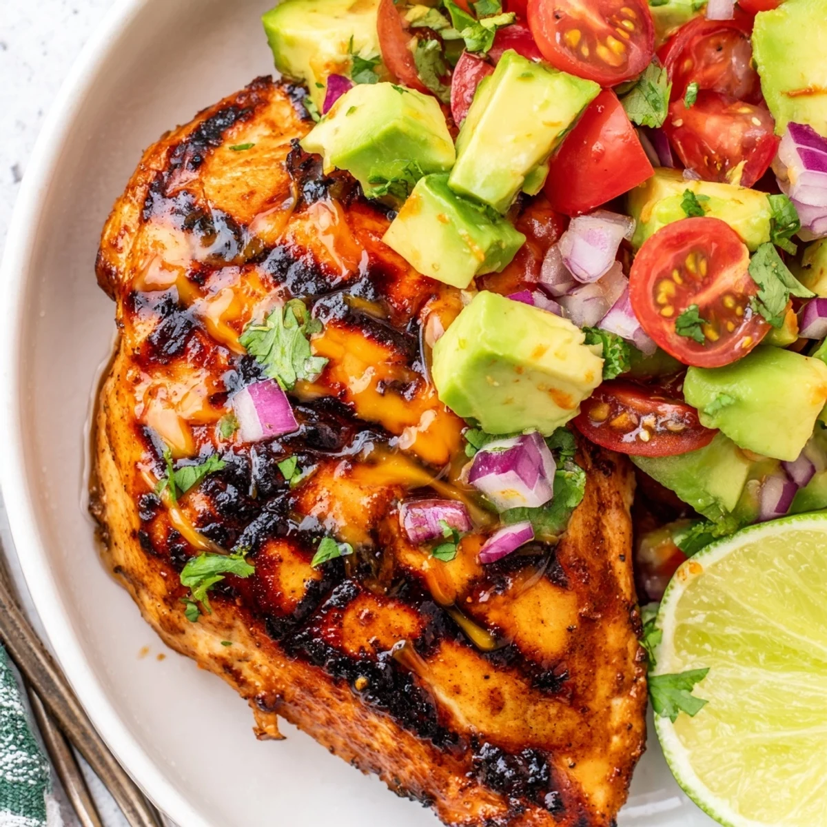 Charred Fiesta Lime Chicken With Avocado served with bright avocado tomato salsa