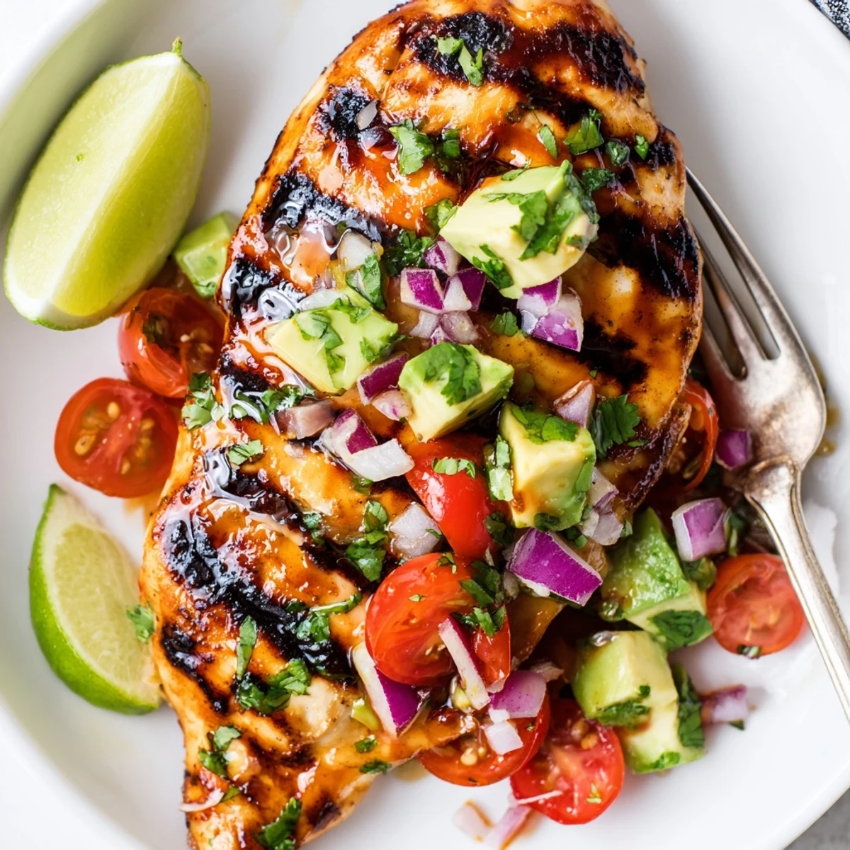 Pan grilled Fiesta Lime Chicken With Avocado garnished with cilantro and lime wedges