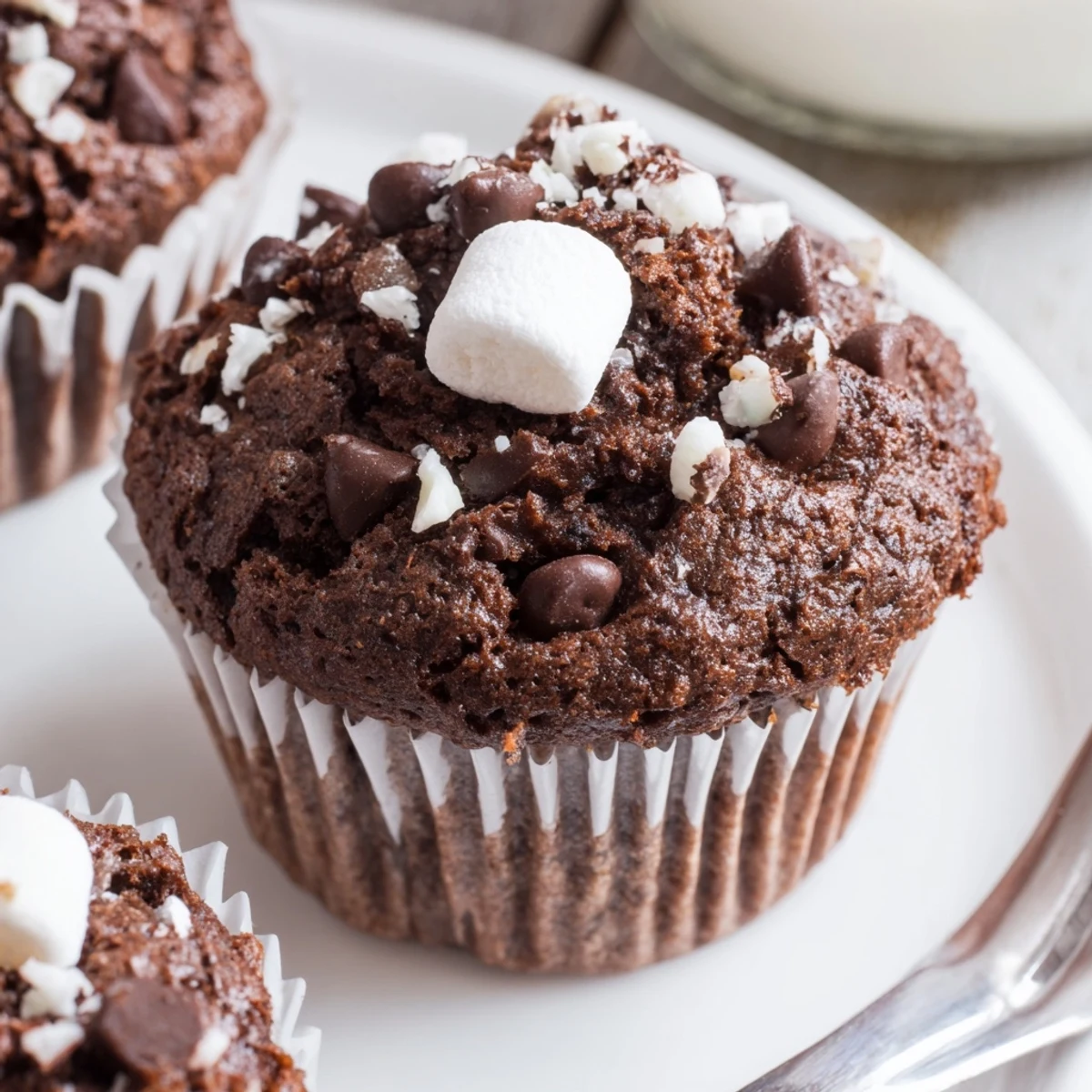 Peppermint Hot Chocolate Muffins glistening with crushed candy, warm and chocolatey aroma  