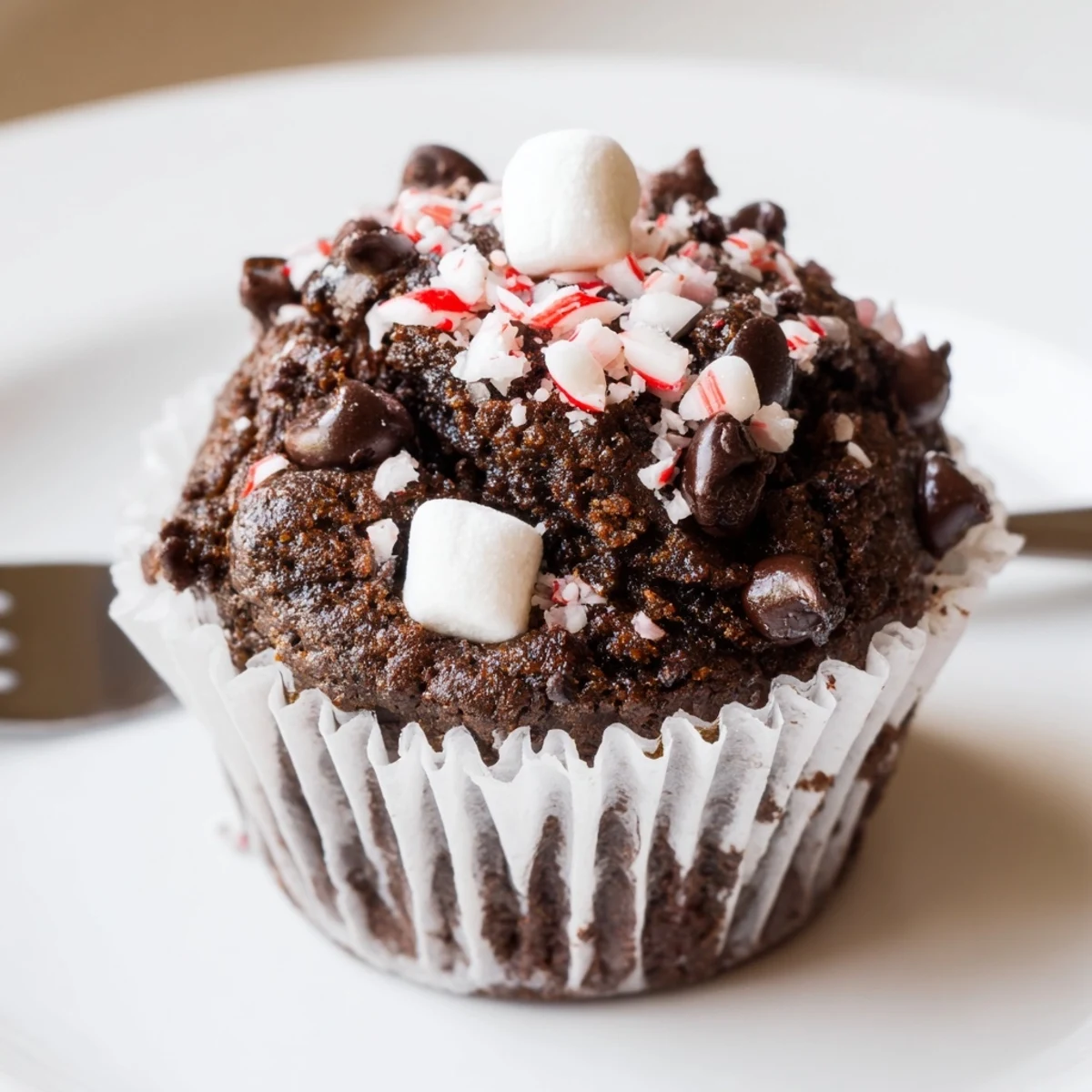 Fresh-baked Peppermint Hot Chocolate Muffins lined in paper, steaming on a rack  