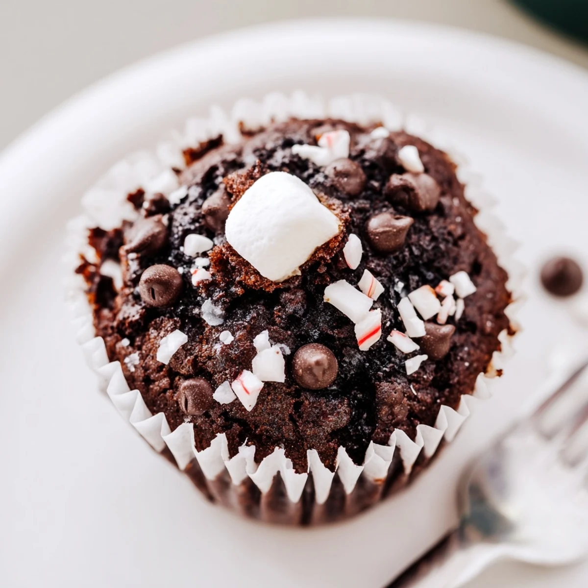 Peppermint Hot Chocolate Muffins studded with chocolate chips, perfect with whipped cream