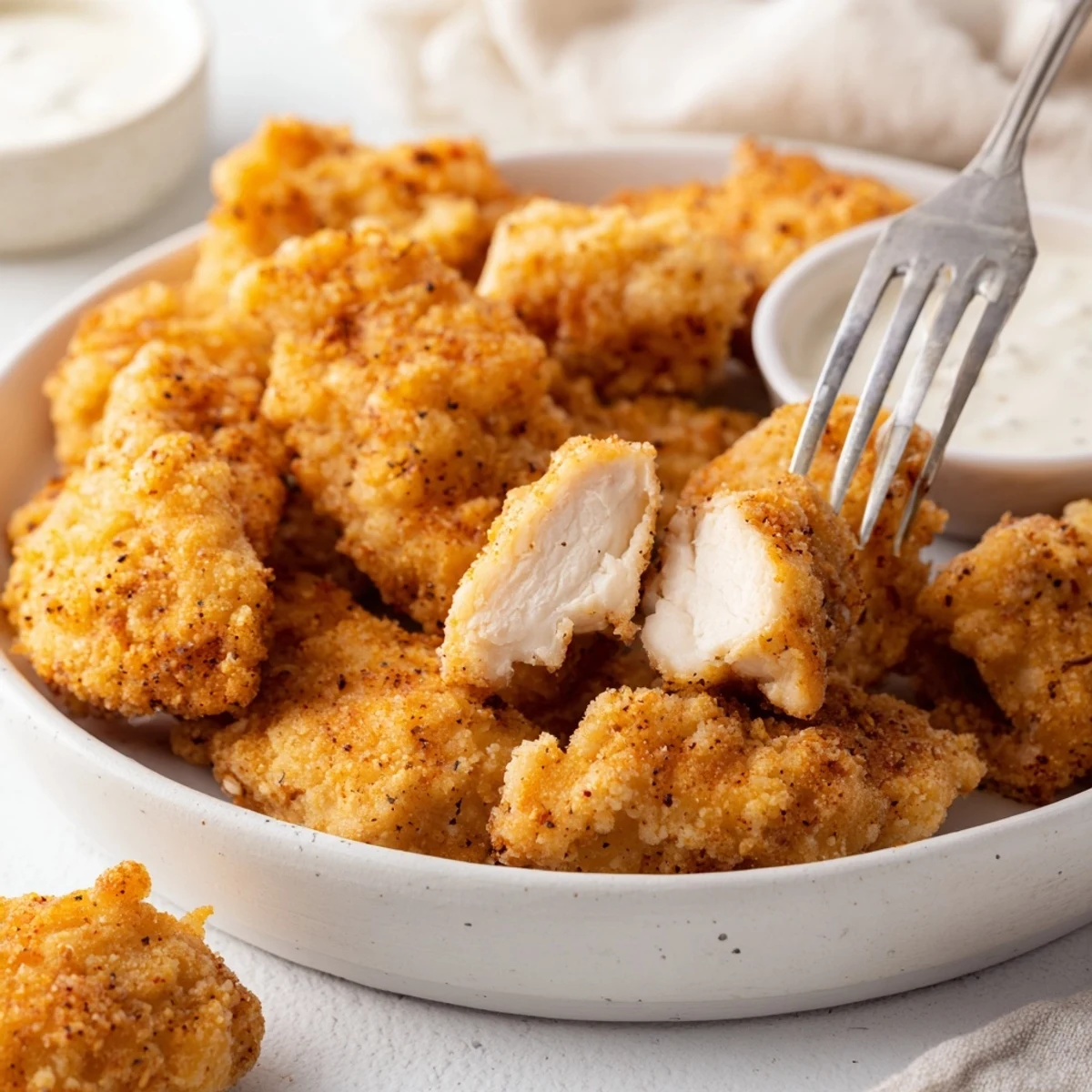 Crispy golden Chicken Bites piled on a plate, steaming, ready to dip