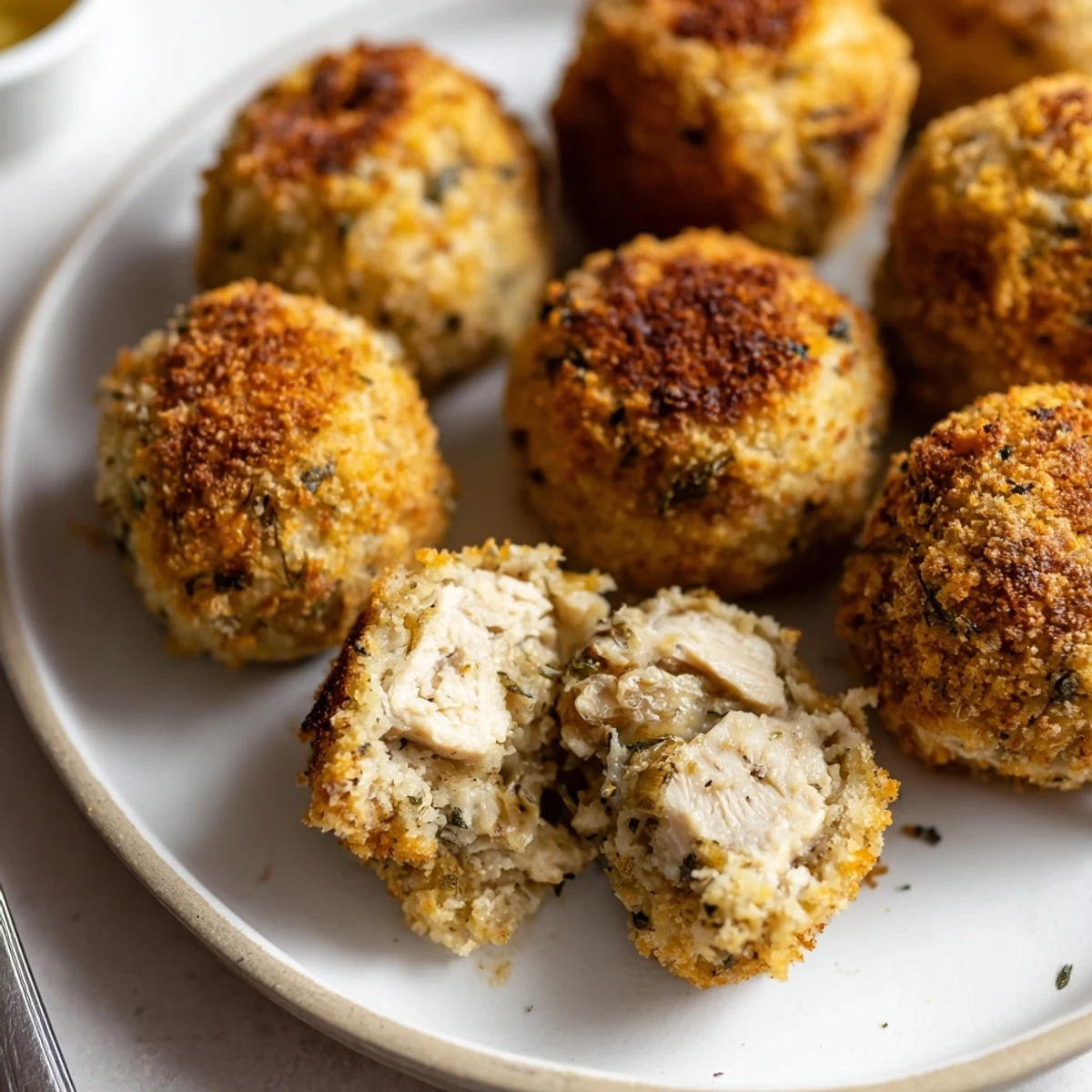 Sage Onion Chicken Balls, baked golden, savory onion and herb aroma