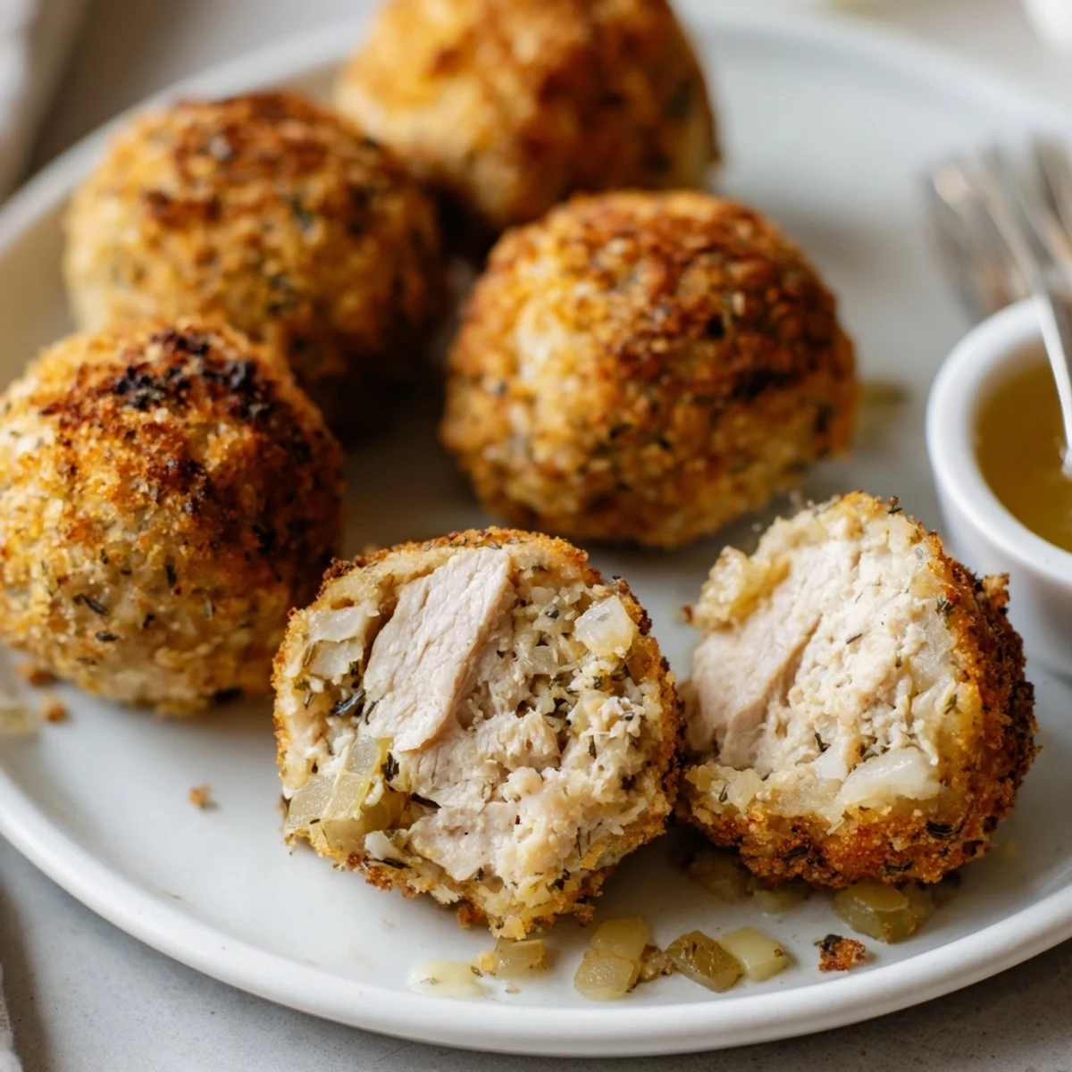 Warm Sage Onion Chicken Balls piled on plate, served with mustard dip
