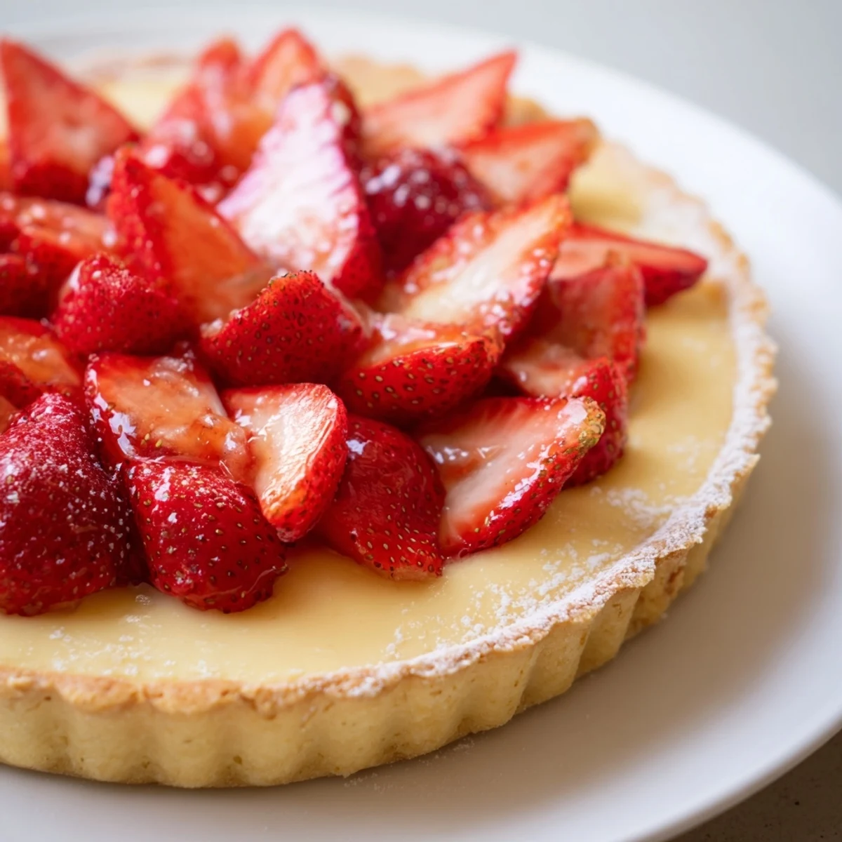 Tarte aux Fraises on golden shortcrust, glossy sliced berries and vanilla cream
