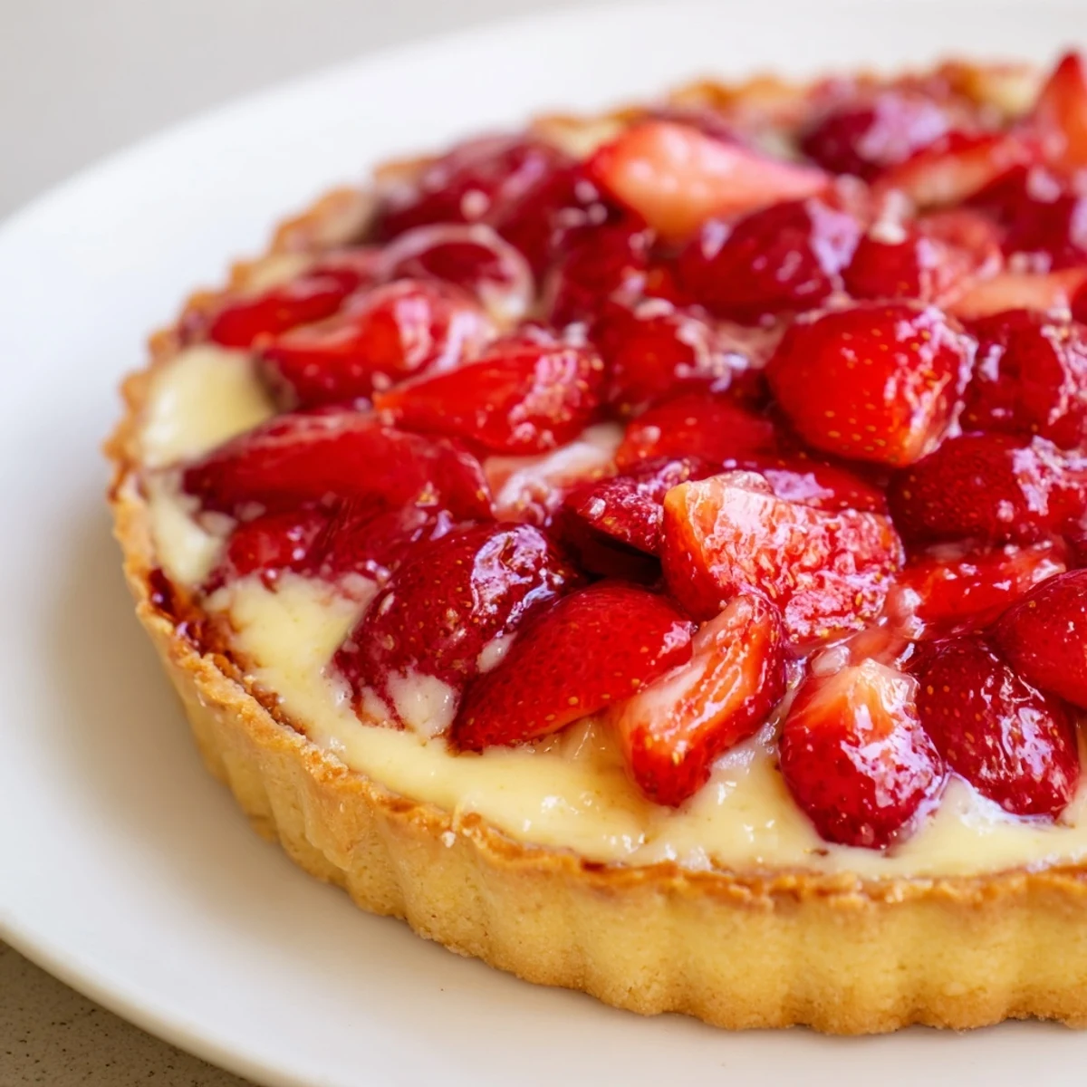 Sliced Tarte aux Fraises arranged in concentric rings, apricot glaze shining