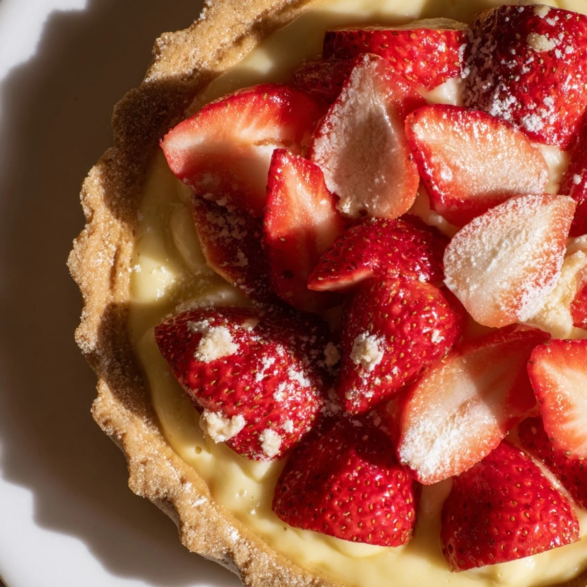 Cream-filled Tarte aux Fraises chilled on platter, fragrant strawberries and lemon zest