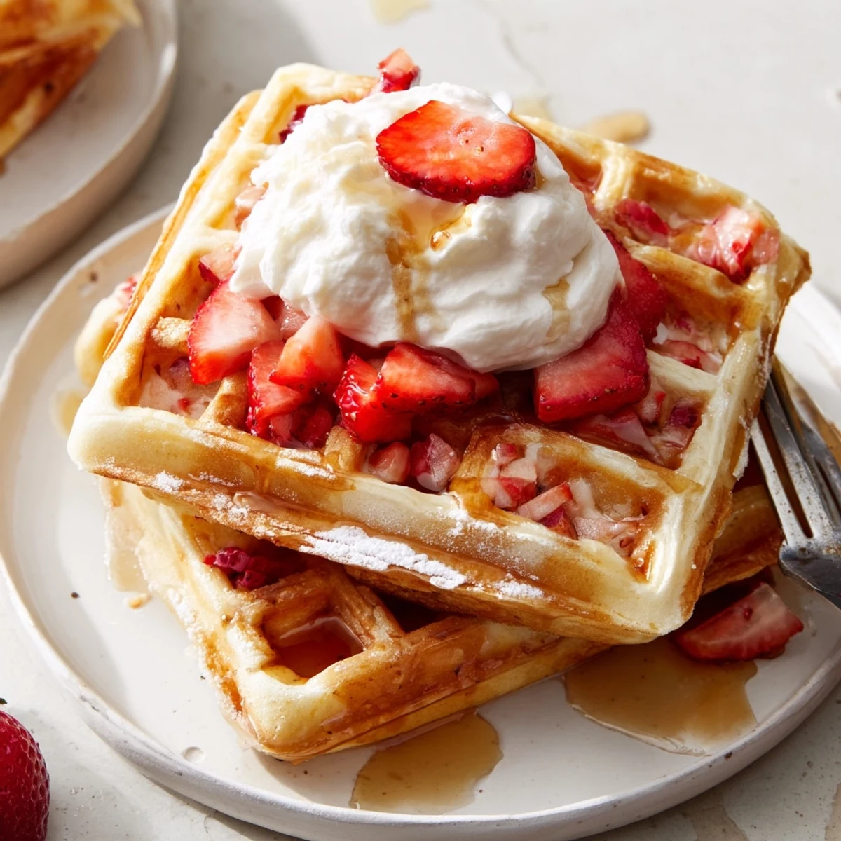 Strawberry Waffles Recipe: golden, fluffy waffles topped with whipped cream and syrup