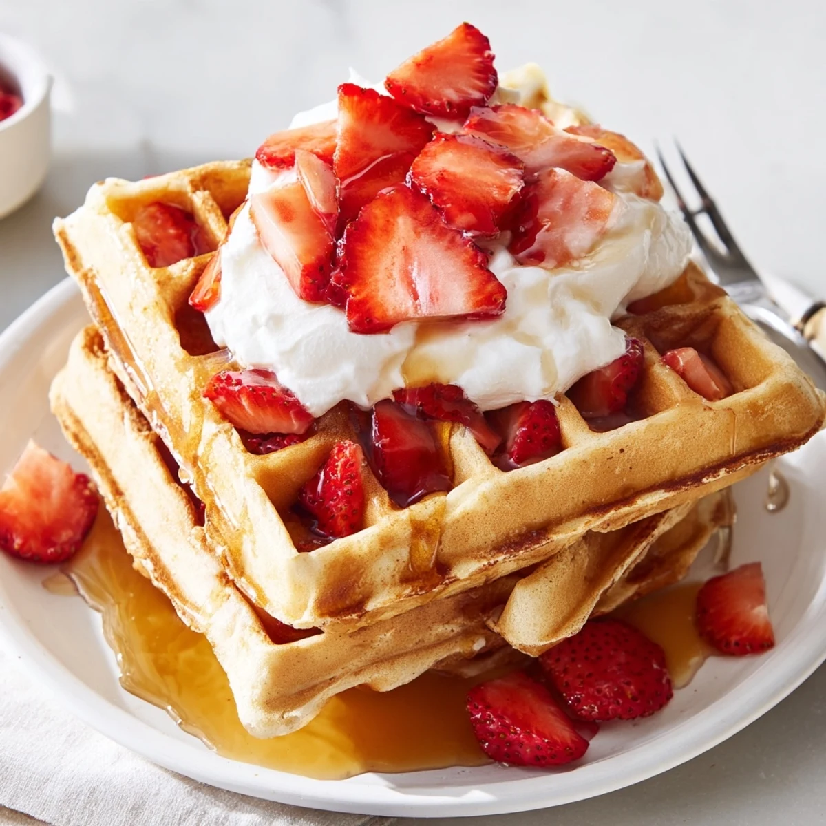 Homestyle Strawberry Waffles Recipe served warm with extra sliced berries and maple syrup