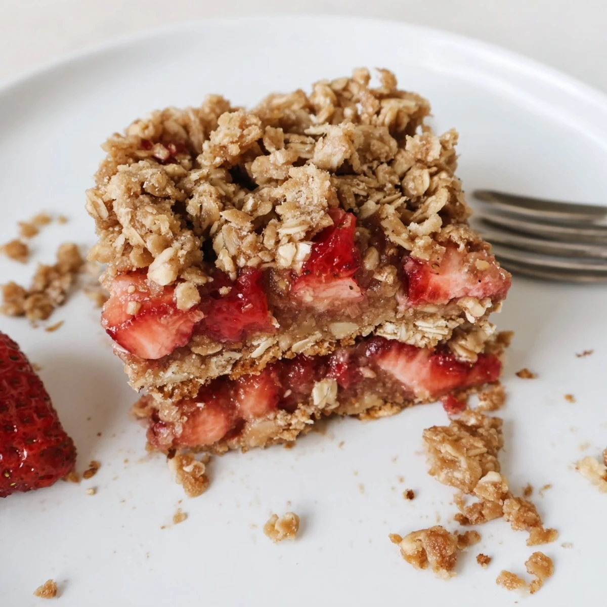 Buttery oat crust surrounding warm Strawberry Oatmeal Crumble Bars Recipe for sharing