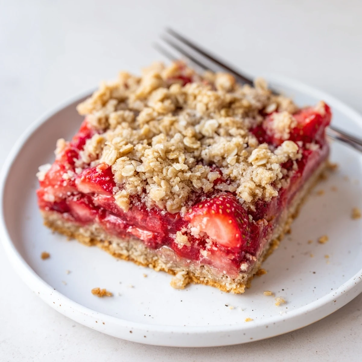 Slice of Strawberry Oatmeal Crumble Bars Recipe topped with melting vanilla ice cream