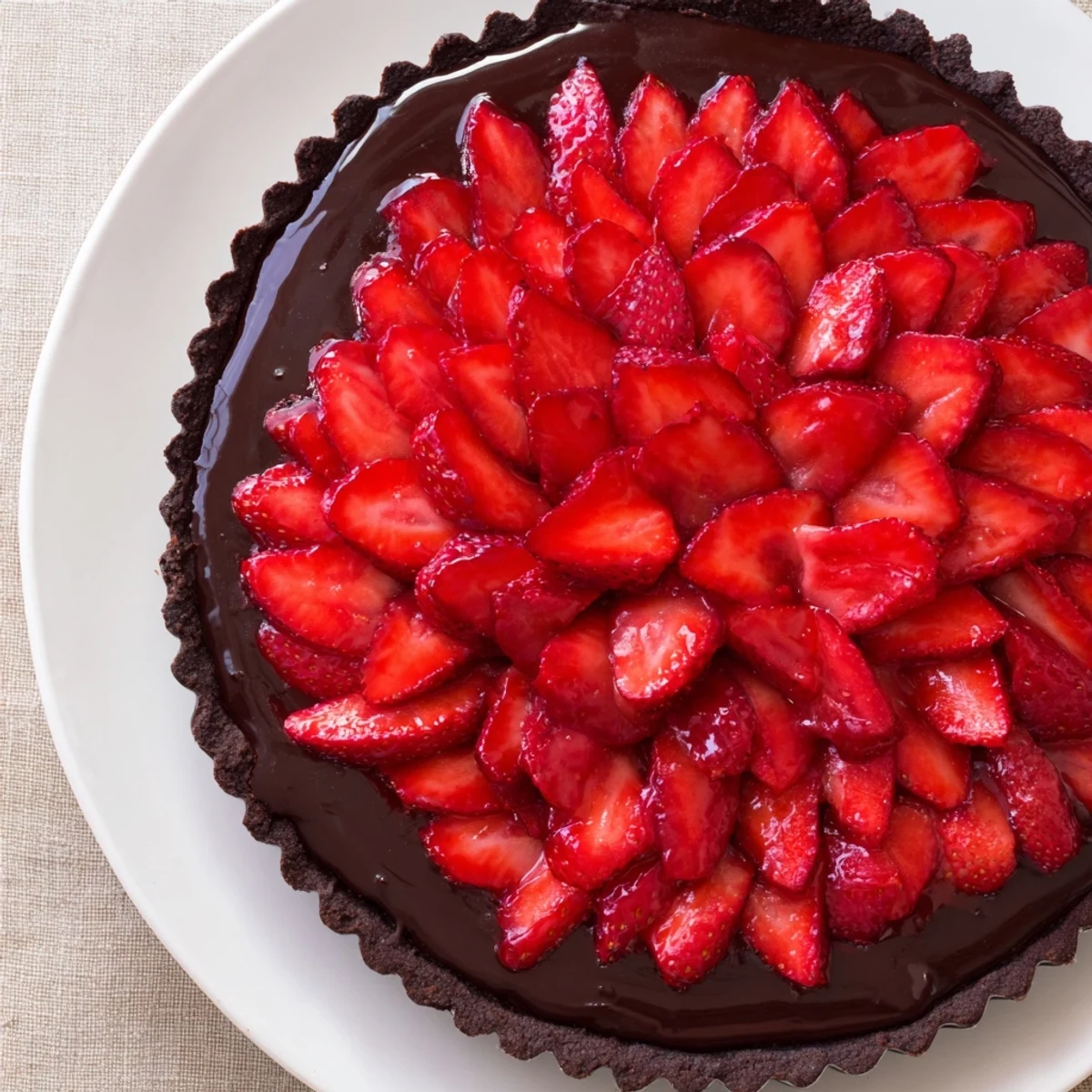 Dark Chocolate Strawberry Tart with glossy ganache and halved fresh strawberries.