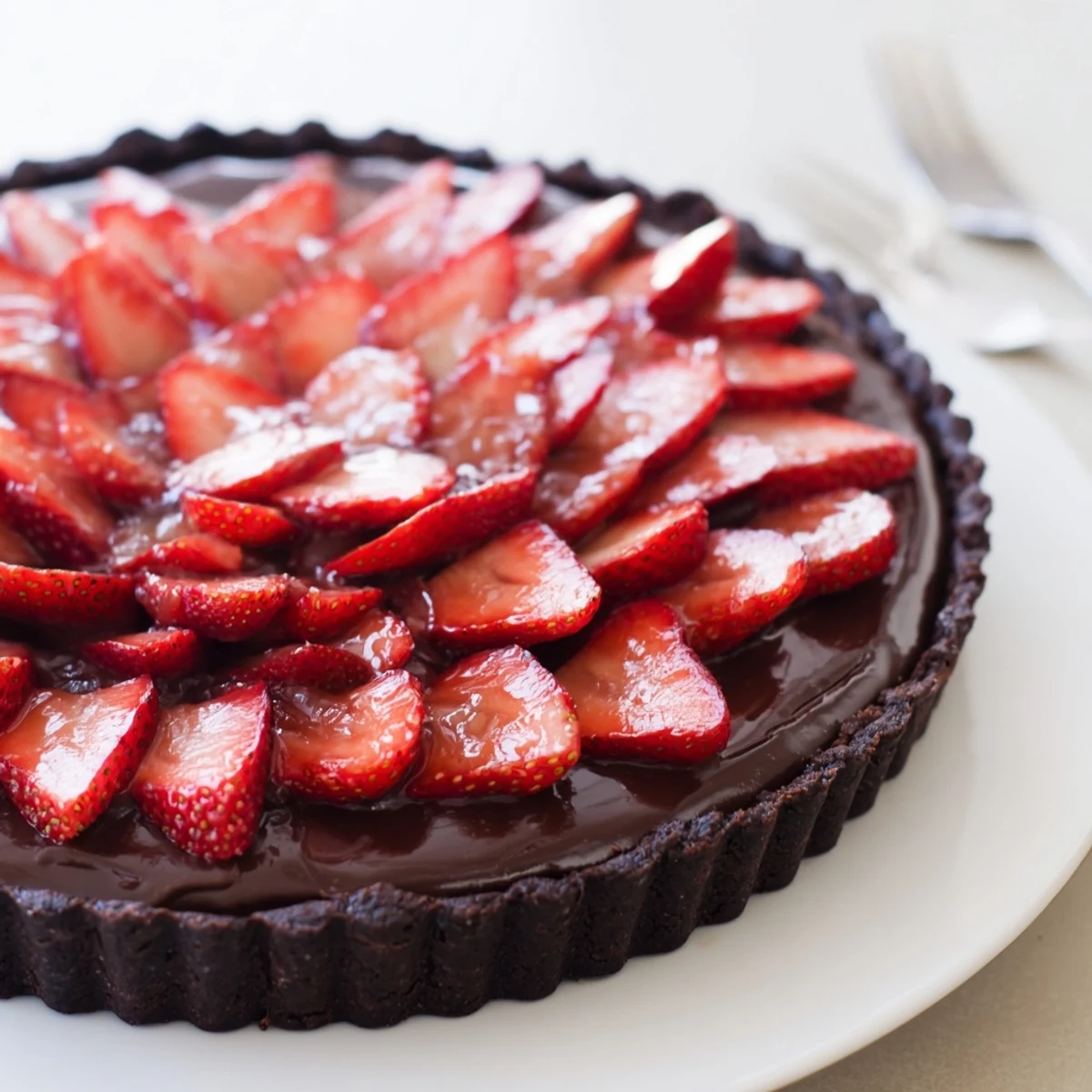 Flaky chocolate crust, silky ganache, and berries — Dark Chocolate Strawberry Tart.