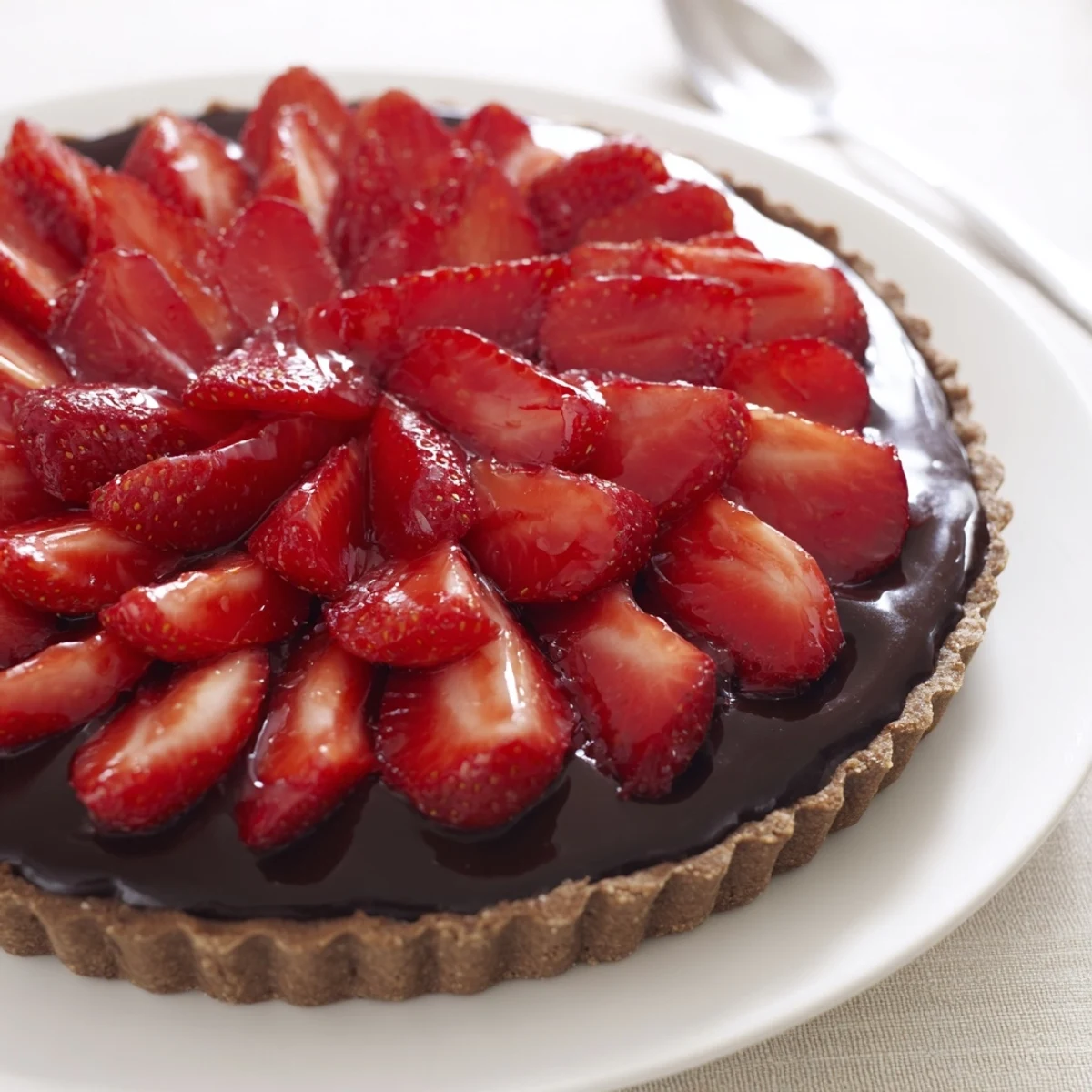 Chilled Dark Chocolate Strawberry Tart recipe plated with sparkling rosé and almonds.