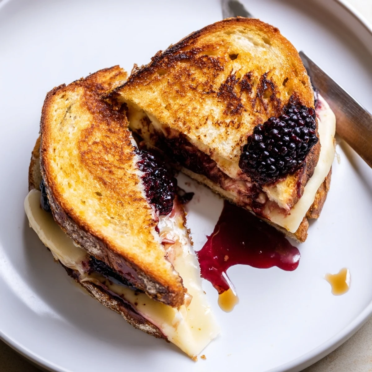 Balsamic Blackberry Bliss Grilled Cheese with golden crust, oozing melted brie