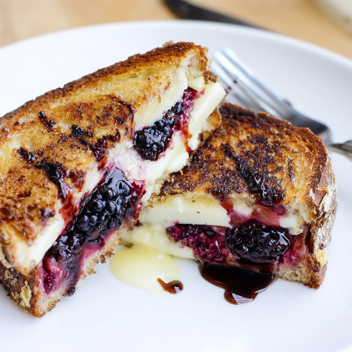 Toasted Balsamic Blackberry Bliss Grilled Cheese sliced, served with fresh basil