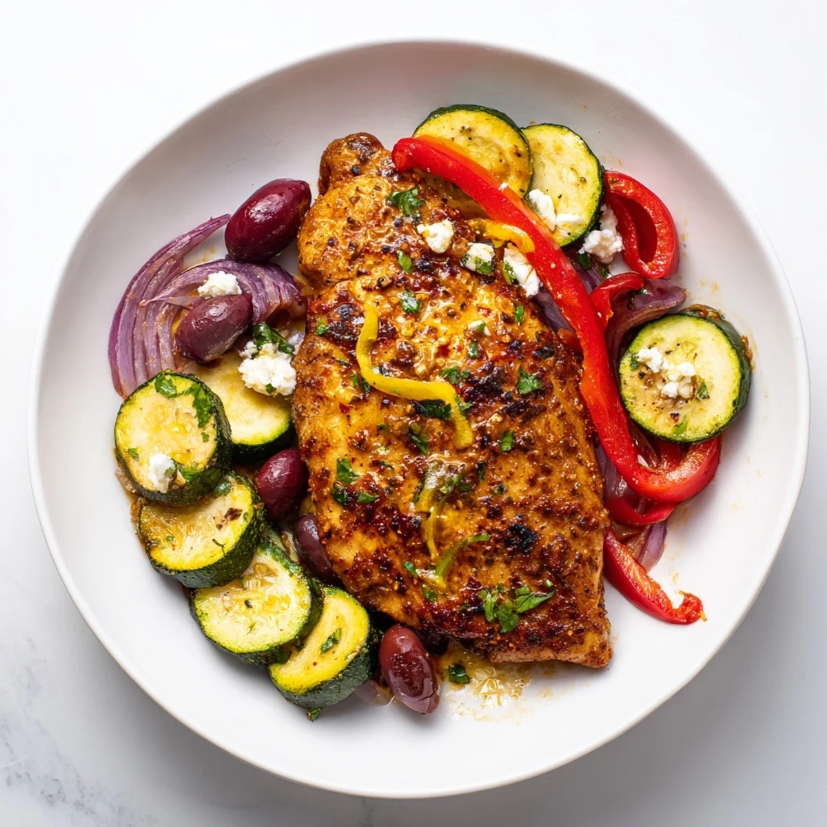 Sheet Pan Mediterranean Chicken Zucchini glistening with roasted tomatoes, olives, and crumbled feta.