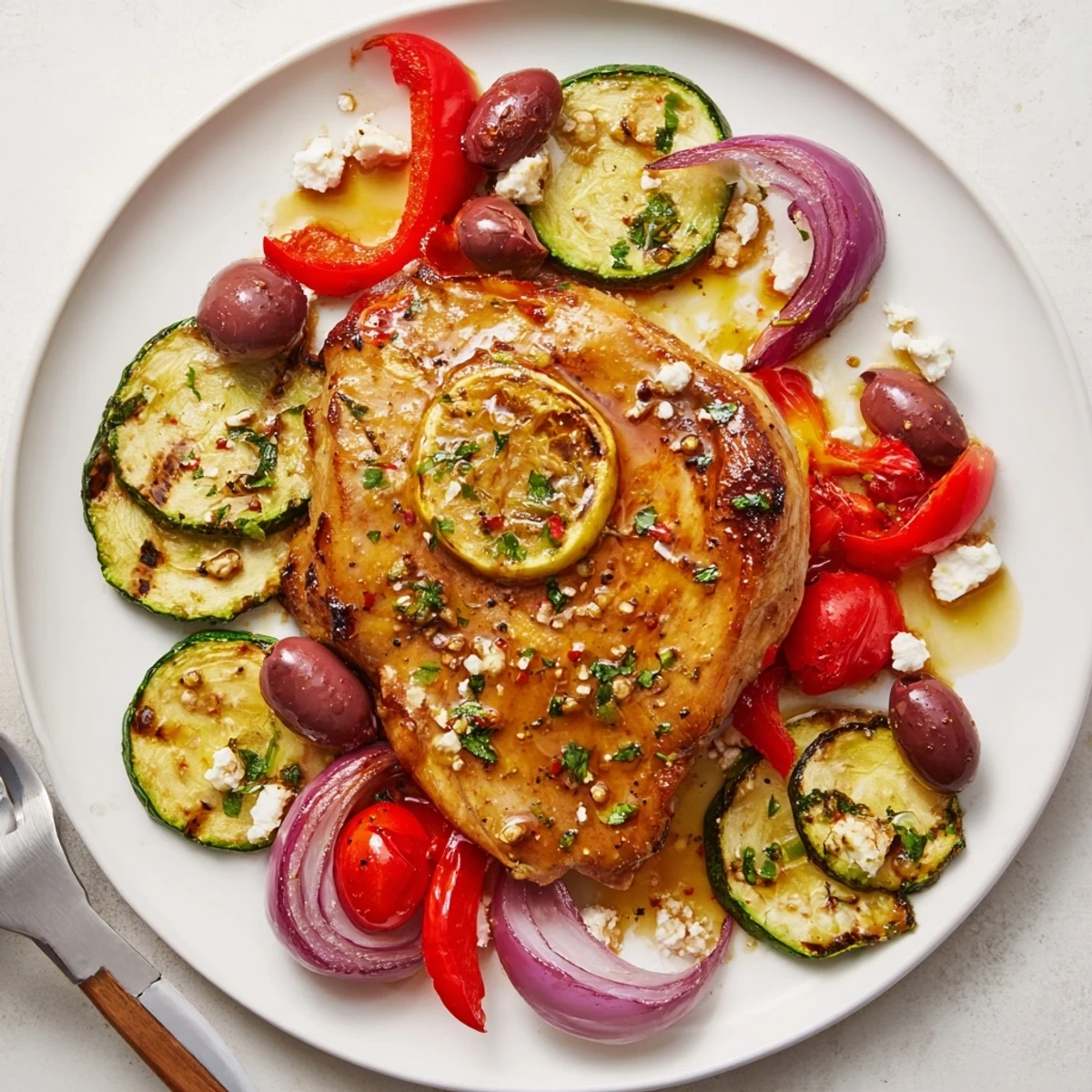 Serve Sheet Pan Mediterranean Chicken Zucchini hot from oven with lemony pan juices.
