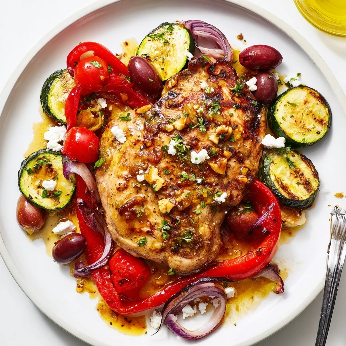Tender Sheet Pan Mediterranean Chicken Zucchini served with crisp bell peppers and parsley.