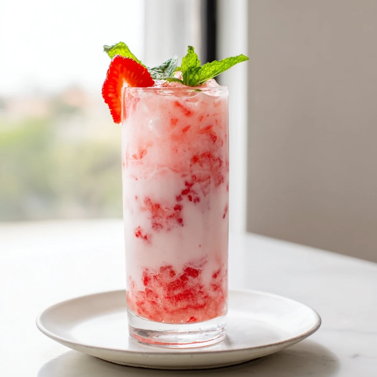 Frosty Strawberry Coconut Cooler Recipe in chilled glasses garnished with mint
