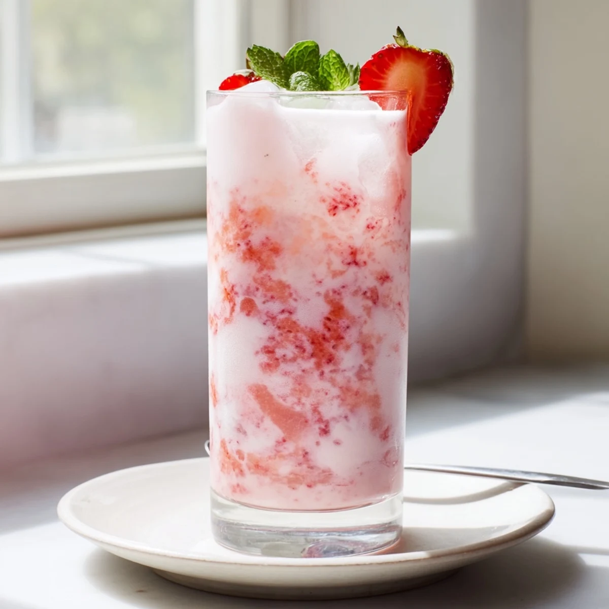 Bright, creamy Strawberry Coconut Cooler Recipe served over crushed ice, mint garnish