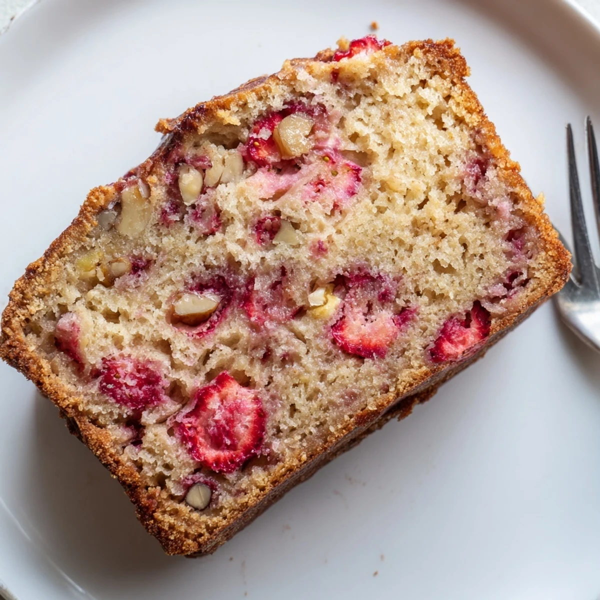 Warm Strawberry Banana Bread Recipe cooling on rack, strawberries glistening, steam rising