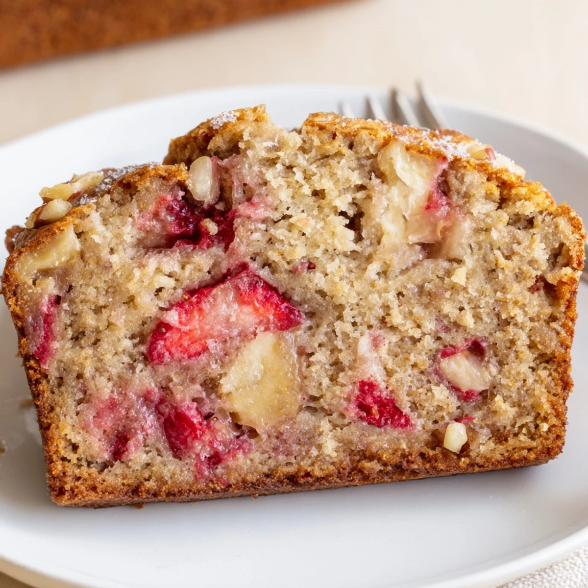 Fresh-baked Strawberry Banana Bread Recipe arranged for breakfast, juicy strawberry pockets visible
