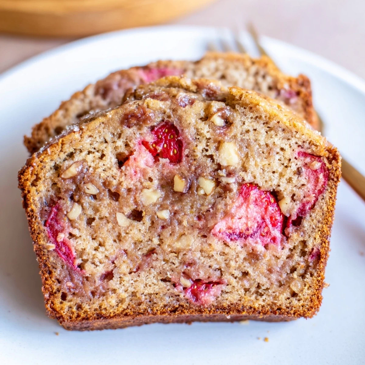 Sliced Strawberry Banana Bread Recipe served with melting butter, soft crumb