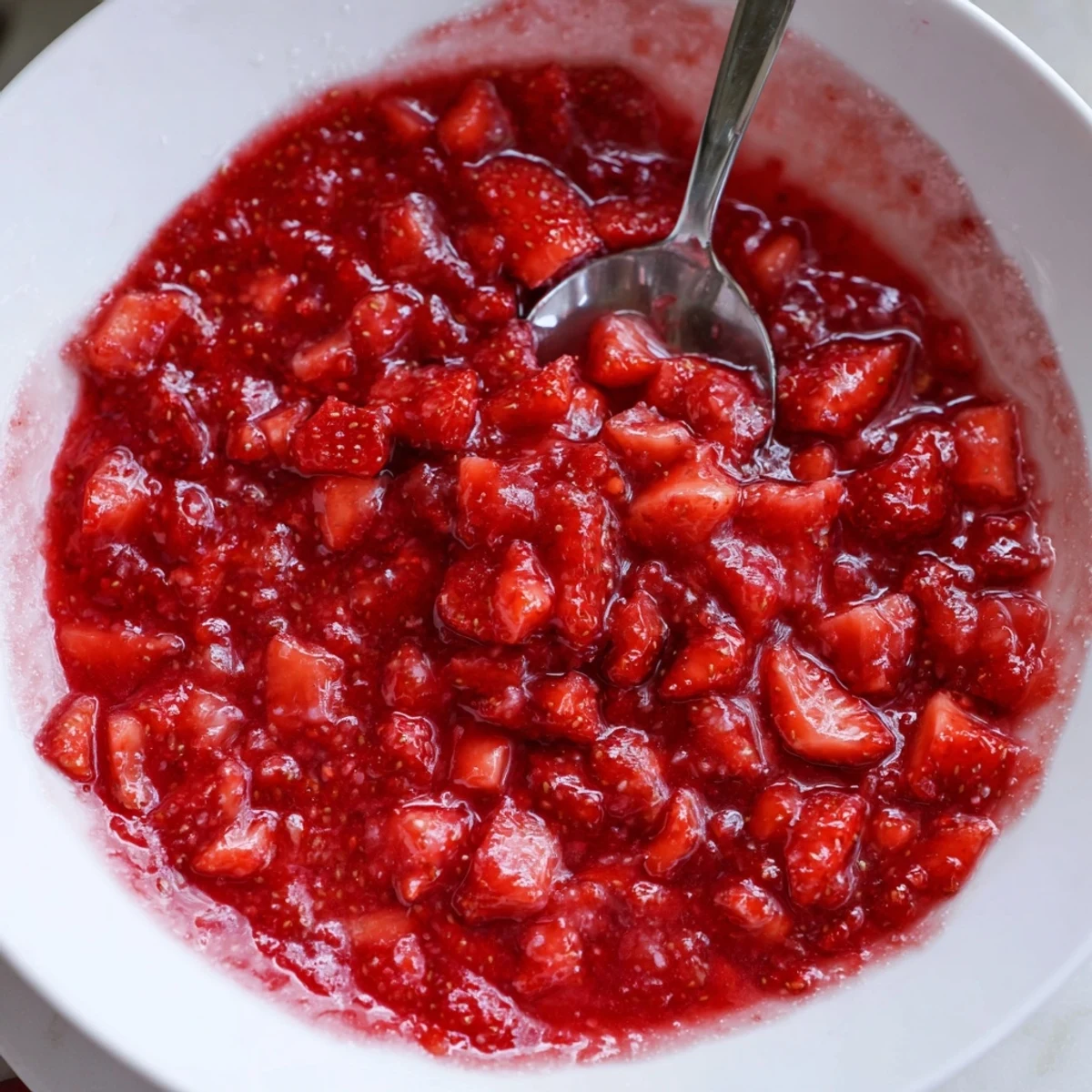 Warm Strawberry Cake Filling Recipe bubbling in saucepan, bright citrus notes and berries