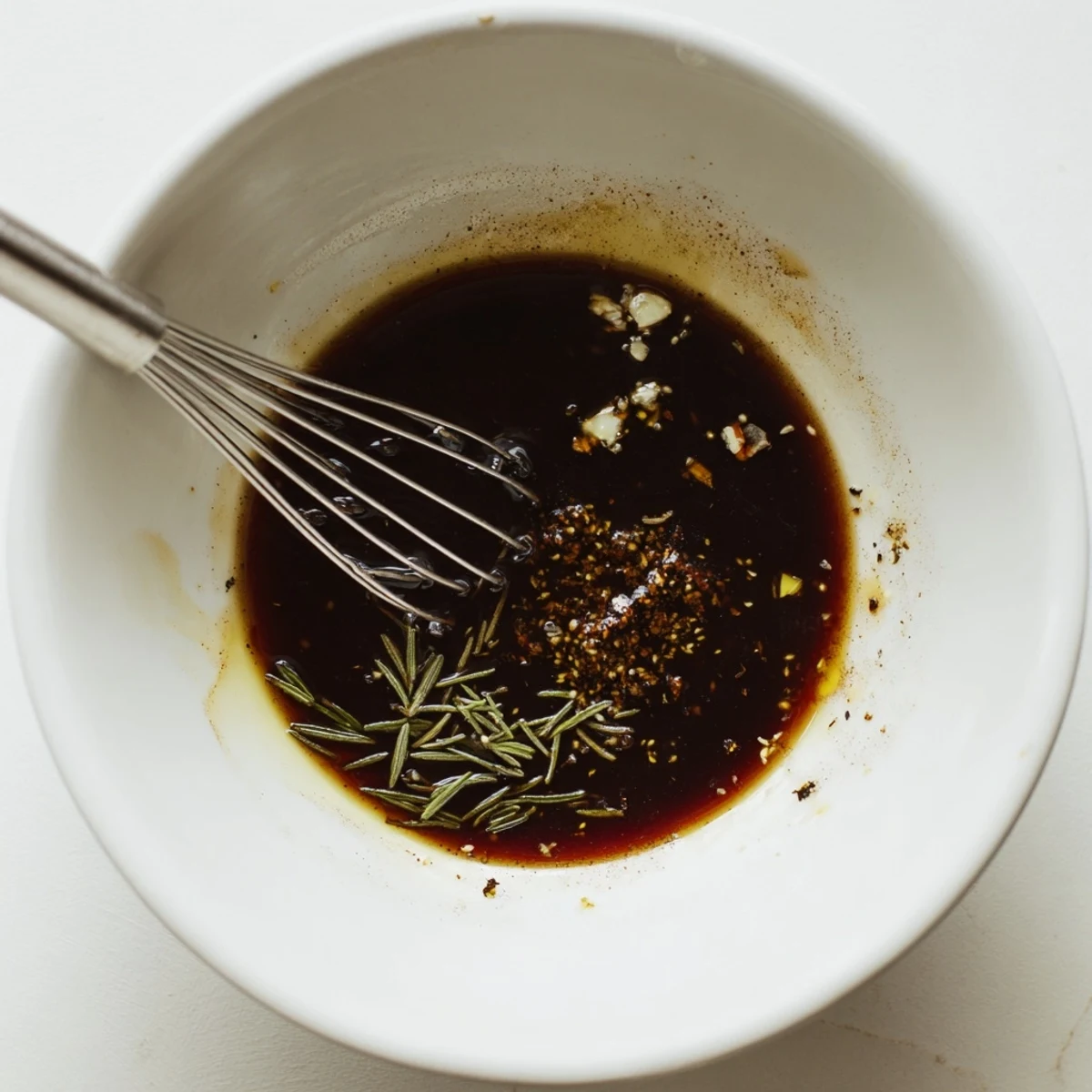 Homemade Steak Marinade soaking flank steak, tangy balsamic and lemon notes.