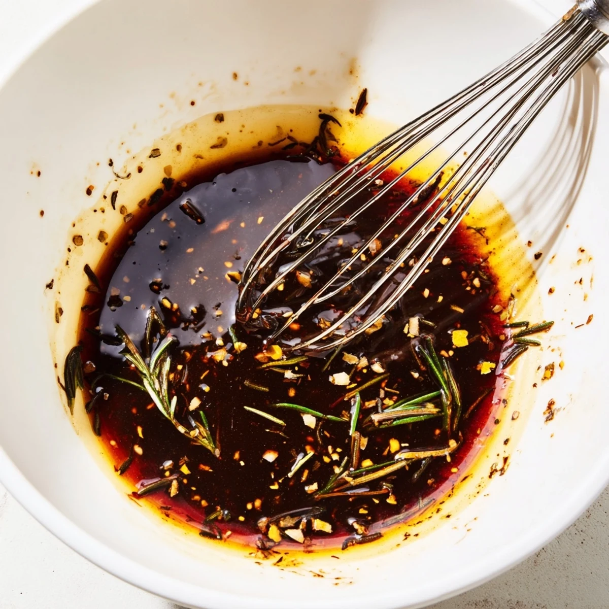 Bowl of Steak Marinade with minced garlic and rosemary, ready to pour.