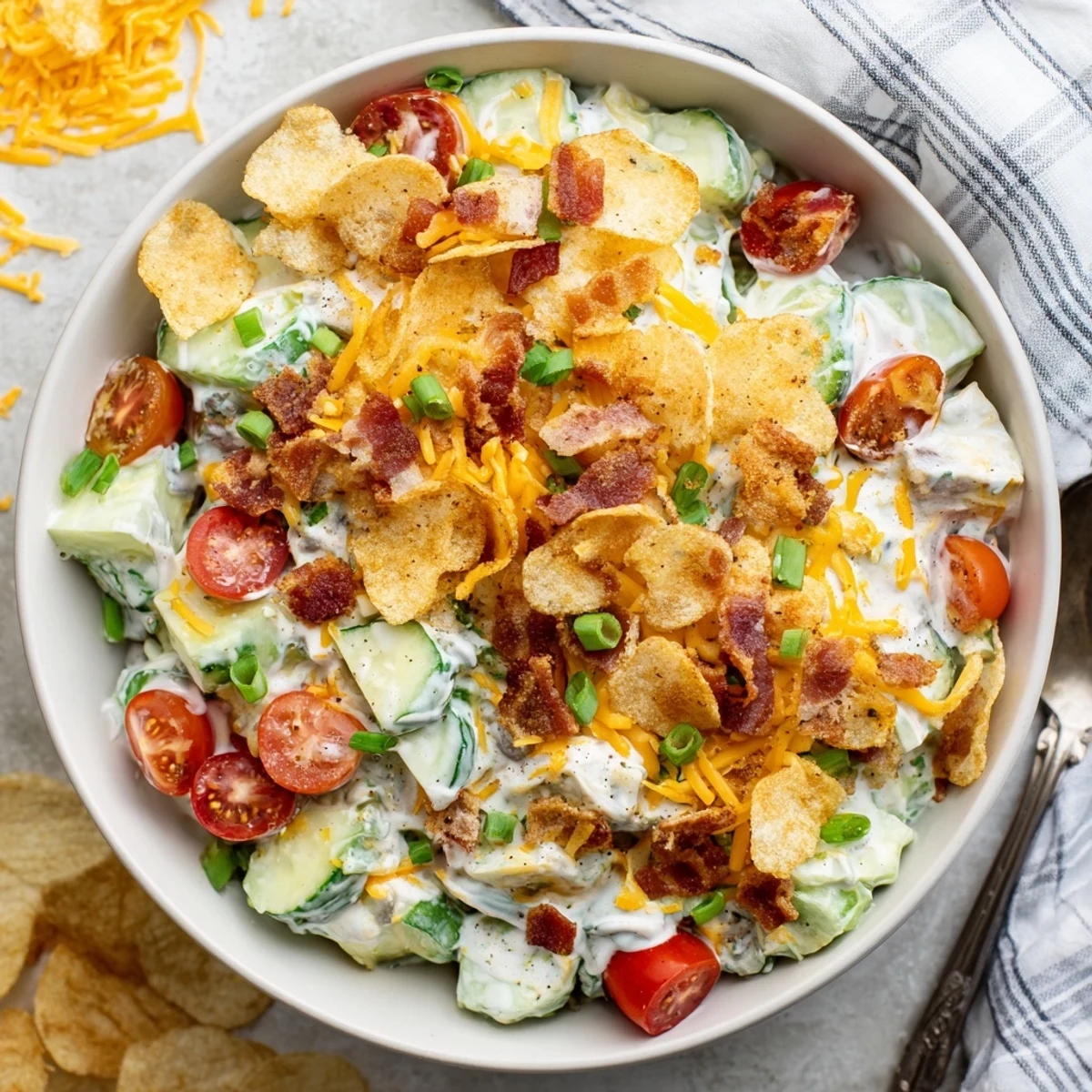 Creamy cucumber ranch crack salad featuring crisp vegetables, smoky bacon bits, and golden shredded cheese
