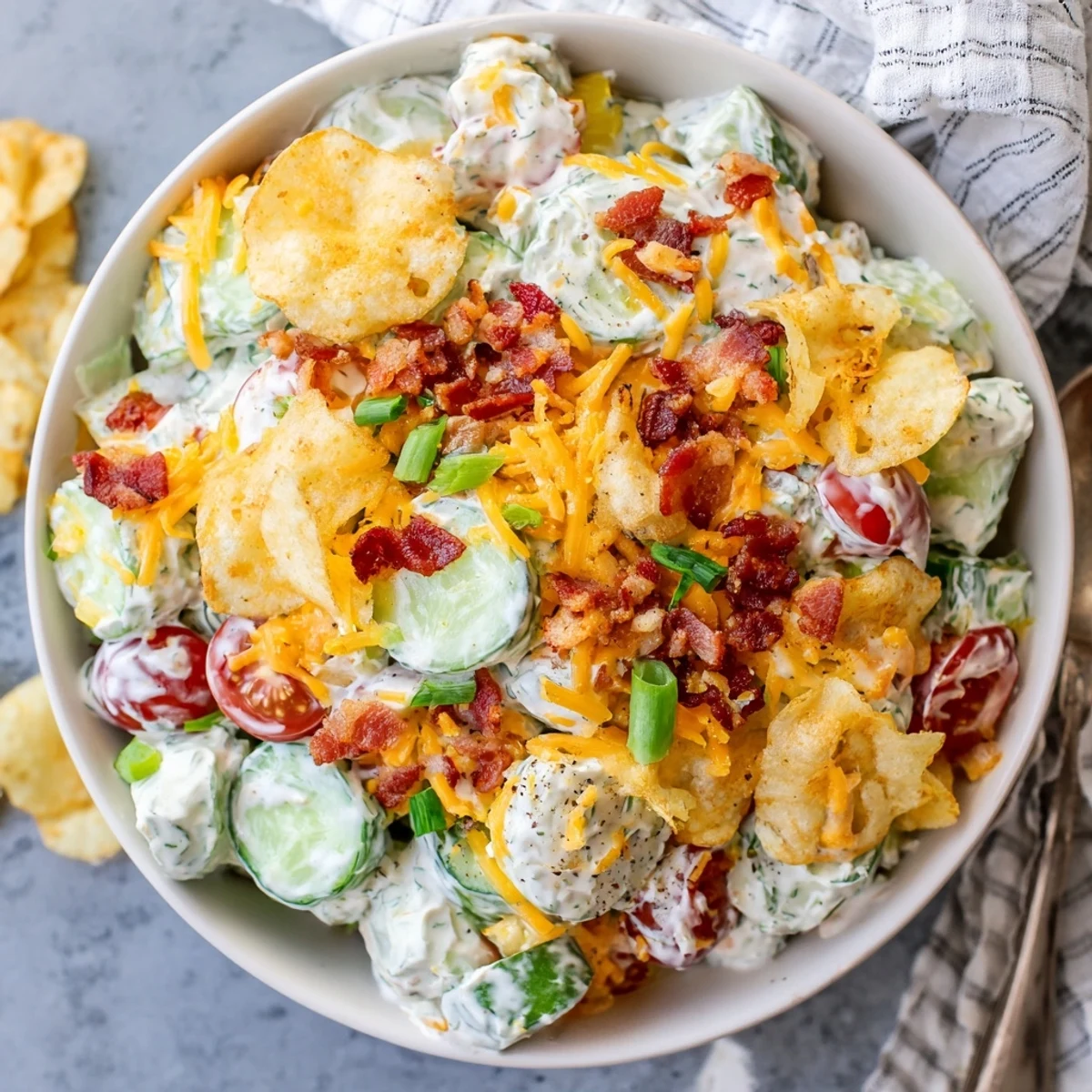 Fresh cucumber ranch crack salad with bacon, cheddar, and crispy potato chip topping in a white serving bowl