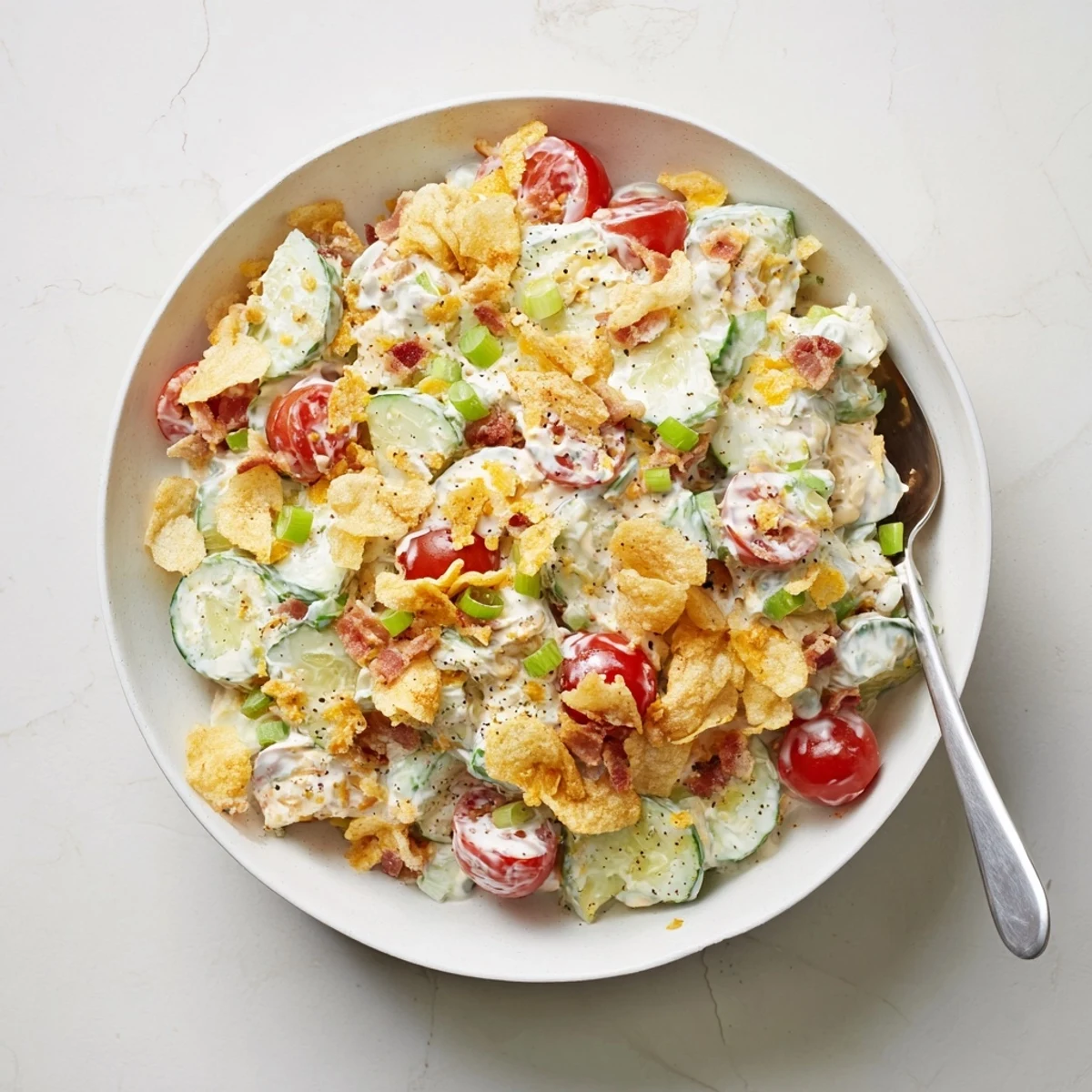 Close-up of cucumber ranch crack salad loaded with ranch dressing, tomatoes, and crunchy bacon crumbles on a plate