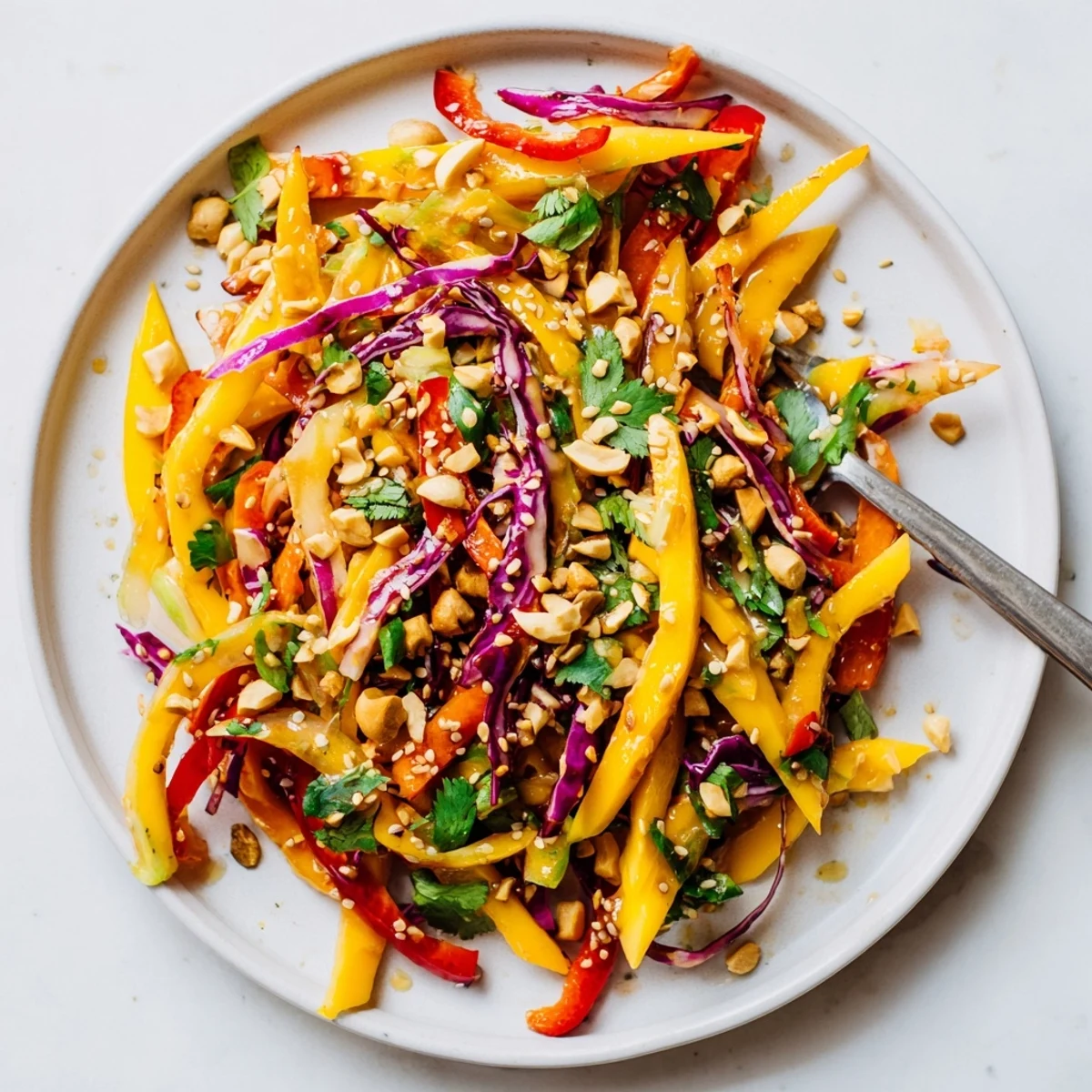 Golden refreshing mango slaw with red cabbage and carrots in a white bowl.