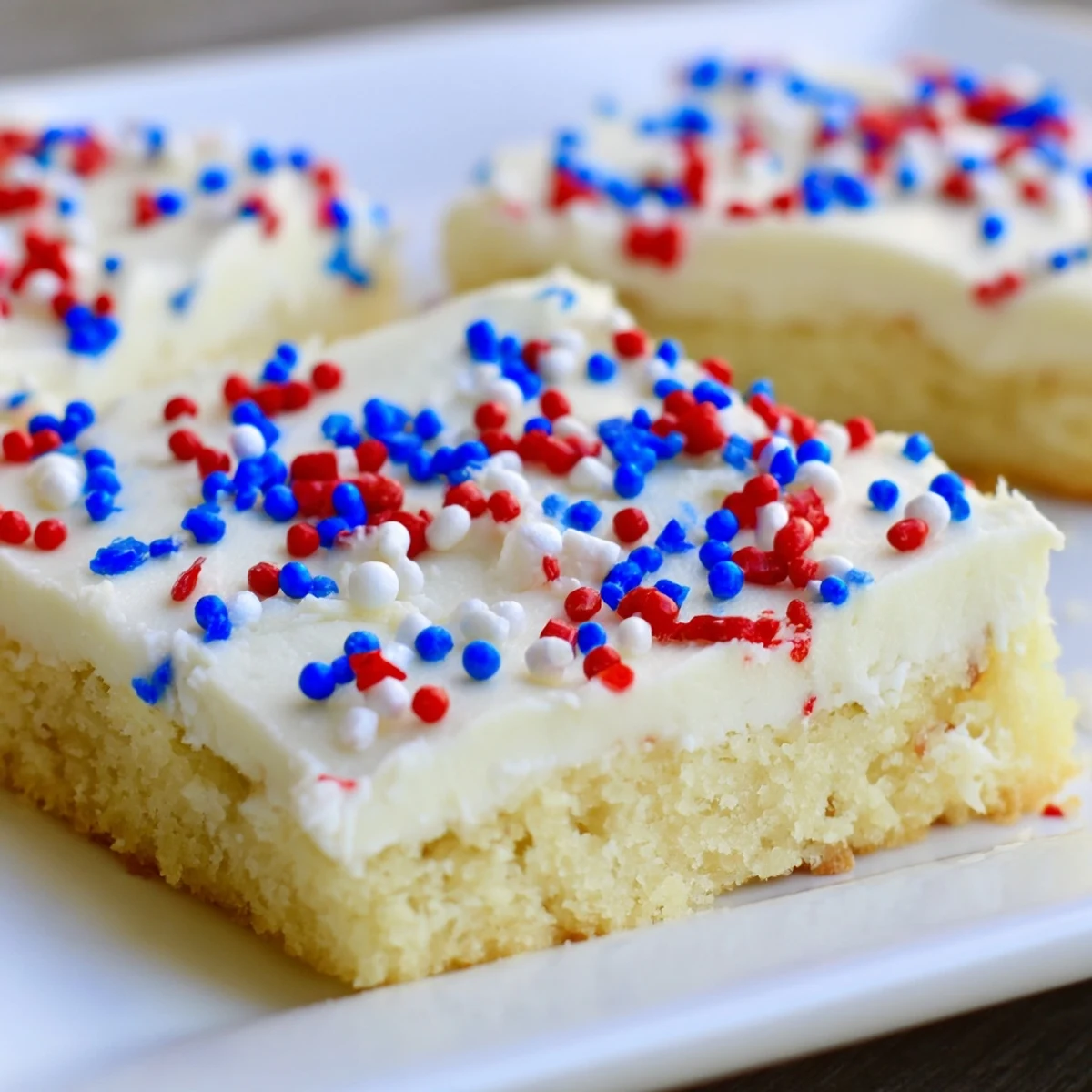 Homemade 4th of July sugar cookie bars featuring smooth buttercream frosting decorated with red white and blue sprinkles on a golden baked base