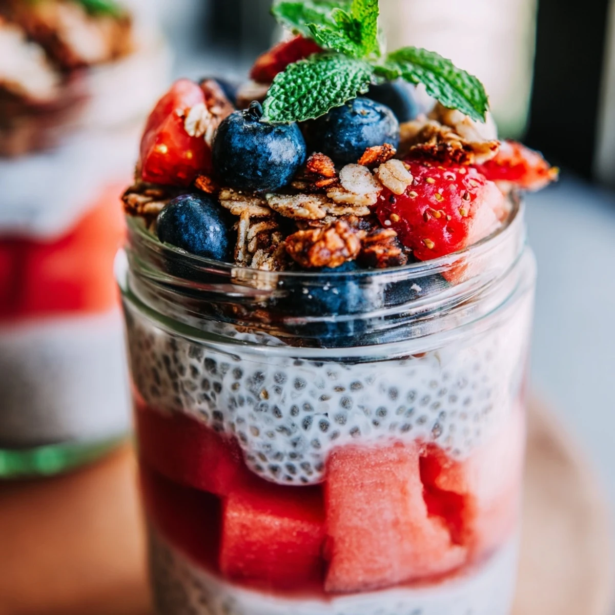 Glass jar layered with creamy chia pudding and juicy diced watermelon chunks topped with fresh mixed berries and mint garnish