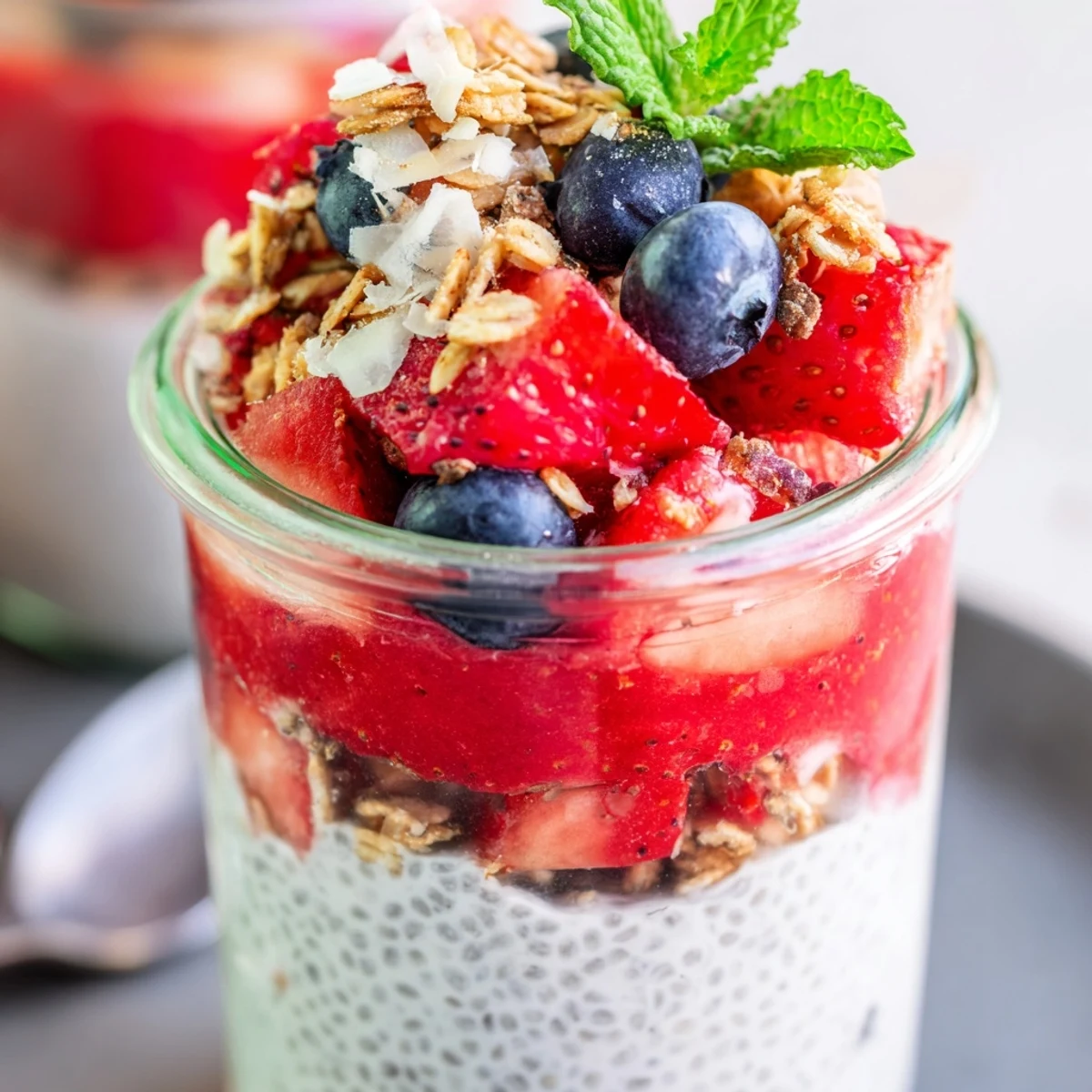 Refreshing watermelon chia parfait in clear glass showing alternating layers of white pudding and pink fruit with granola sprinkle
