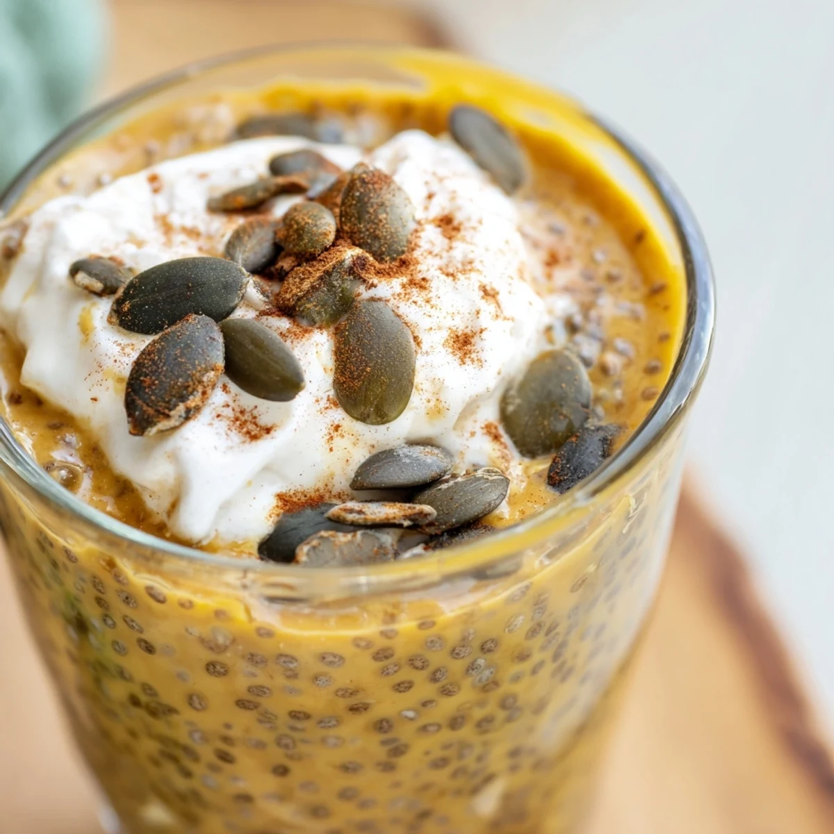 Garnished glass of cool creamy pumpkin chia refreshment topped with whipped cream and toasted seeds