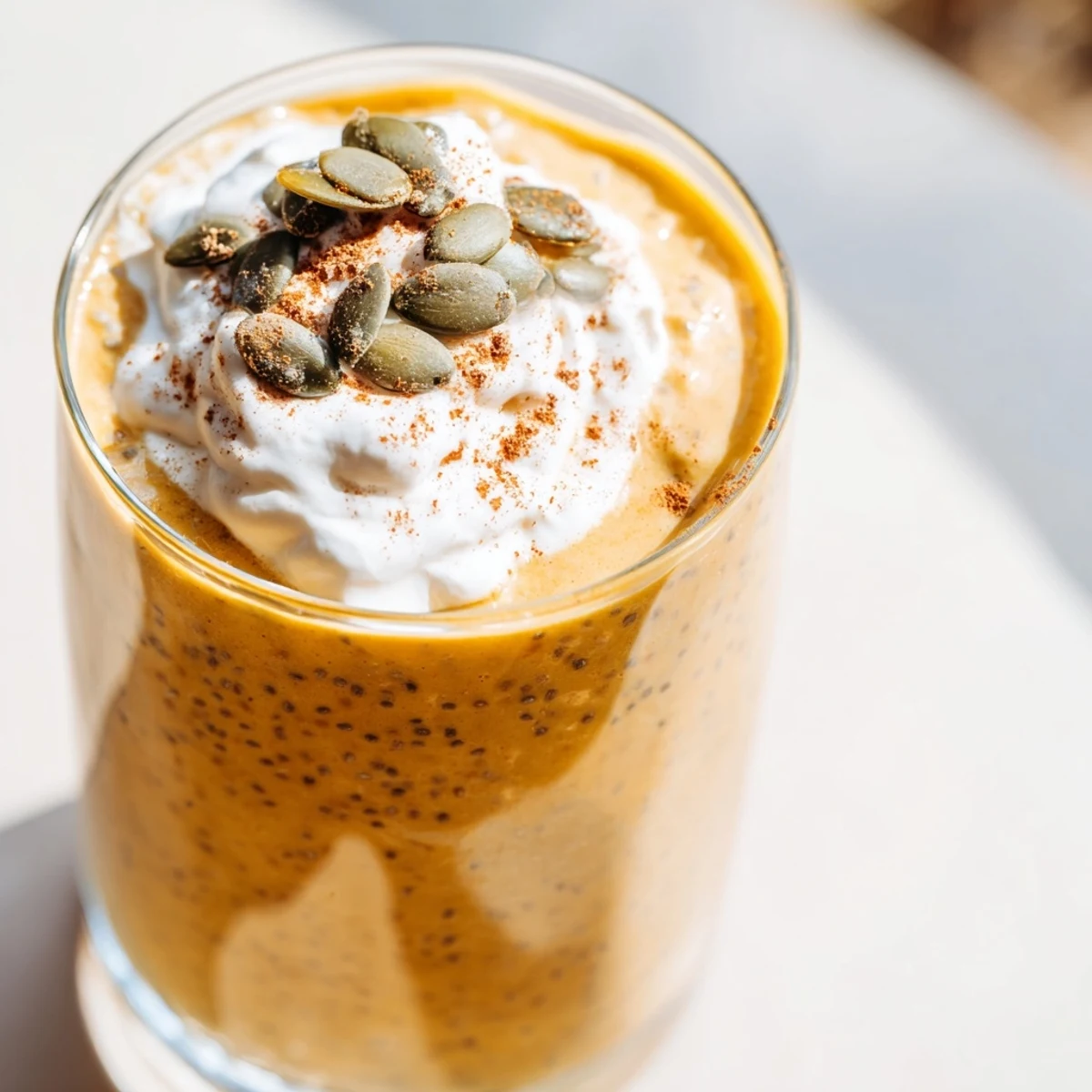 Thick autumn spiced pumpkin chia drink served chilled in clear glasses with cinnamon dusting