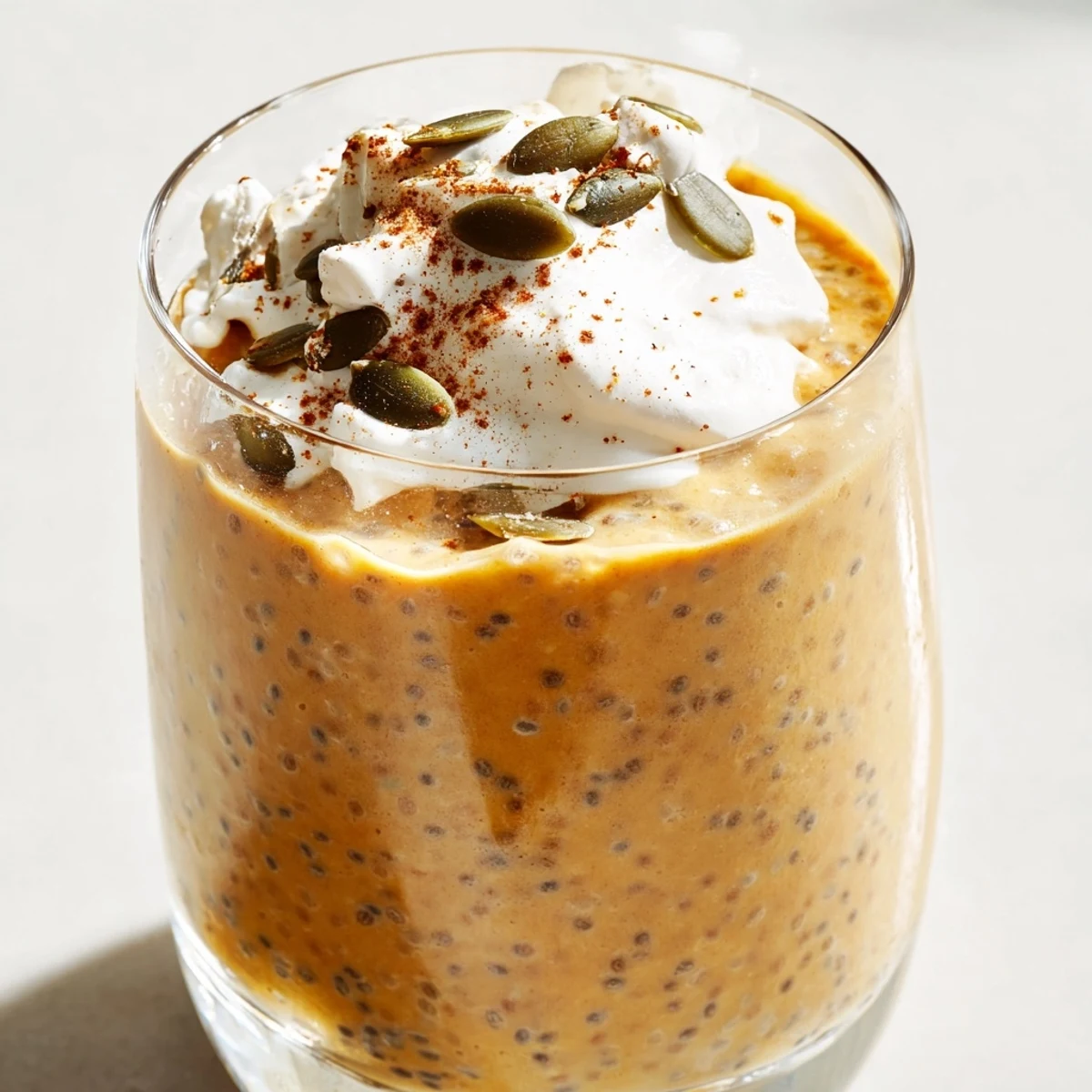 Velvety smooth pumpkin chia pudding beverage layered with coconut cream and crunchy pumpkin seed topping