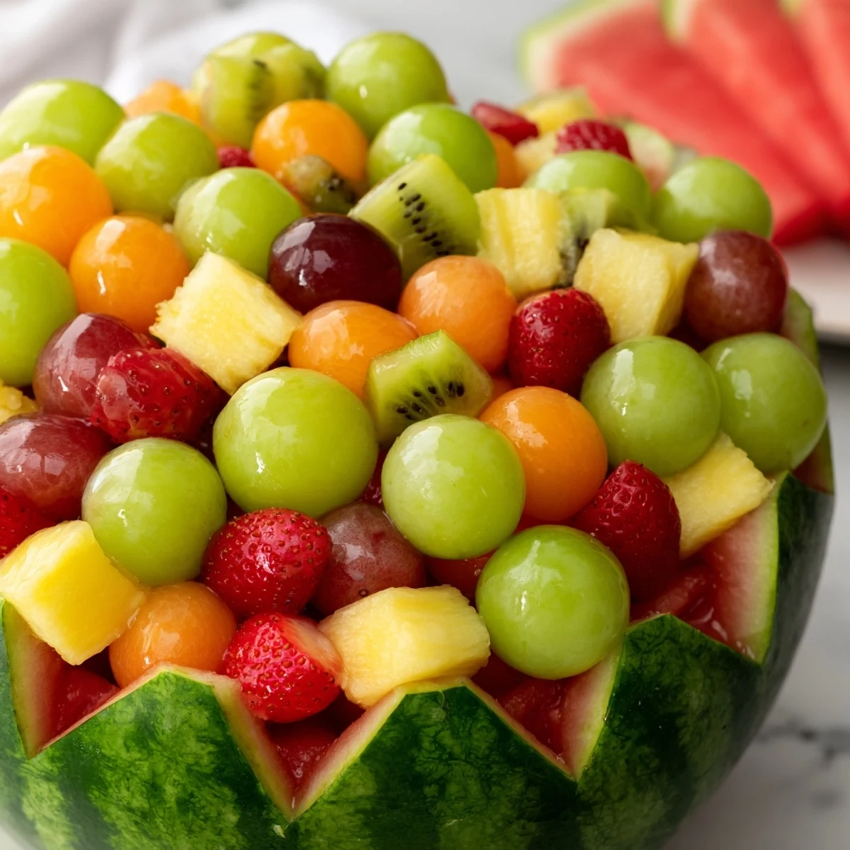 Watermelon basket filled with colorful fresh fruit salad perfect for summer parties and gatherings