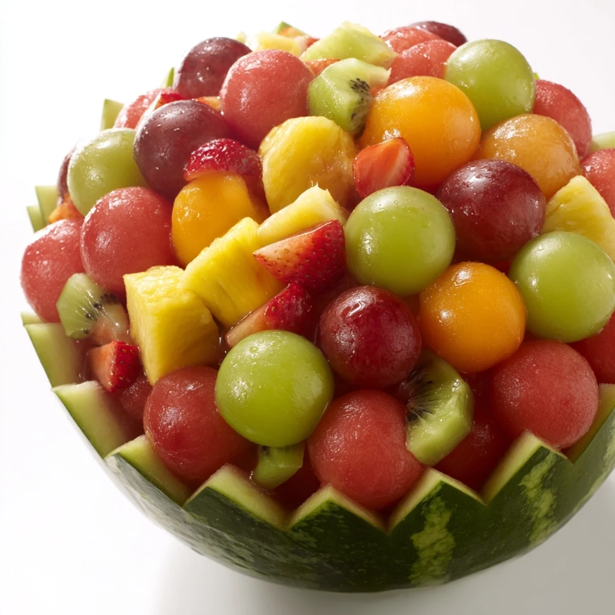 Carved watermelon basket overflowing with mixed melon berries kiwi and refreshing citrus honey dressing