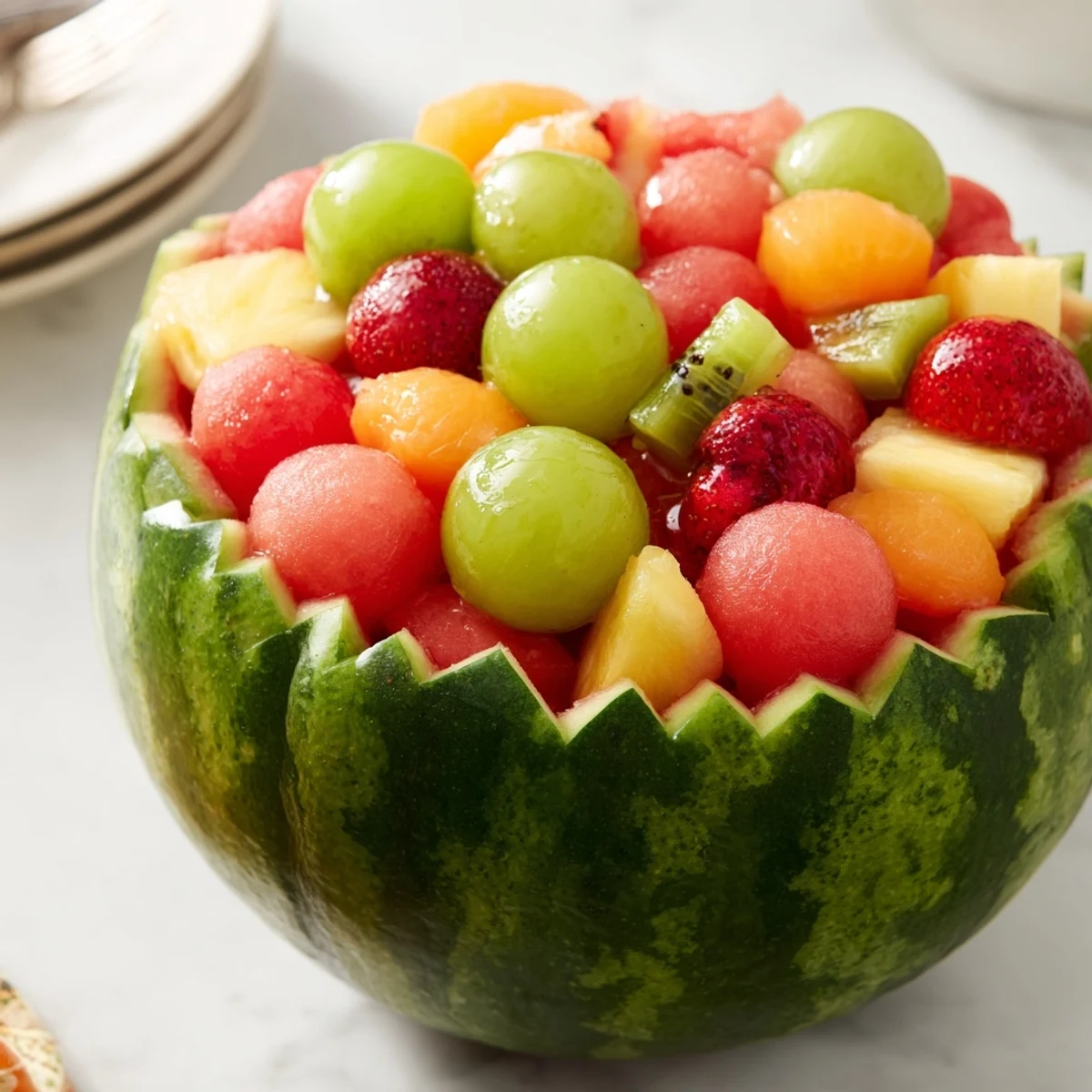 Show stopping watermelon basket displaying vibrant seasonal fruit assortment chilled and ready to serve