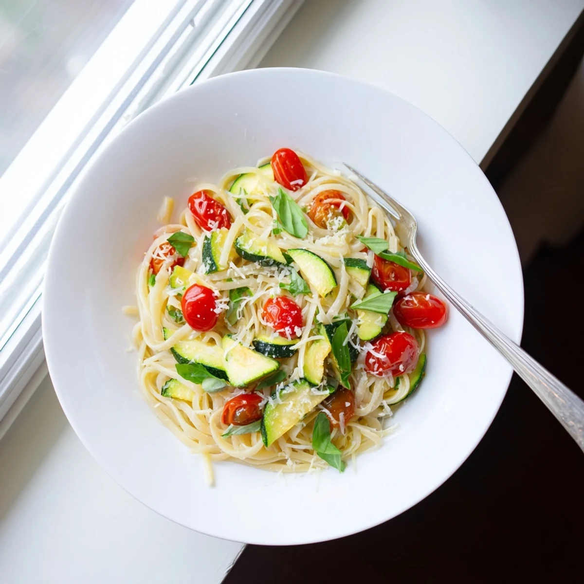 Golden tomato zucchini pasta tossed in olive oil with fresh basil and grated Parmesan cheese