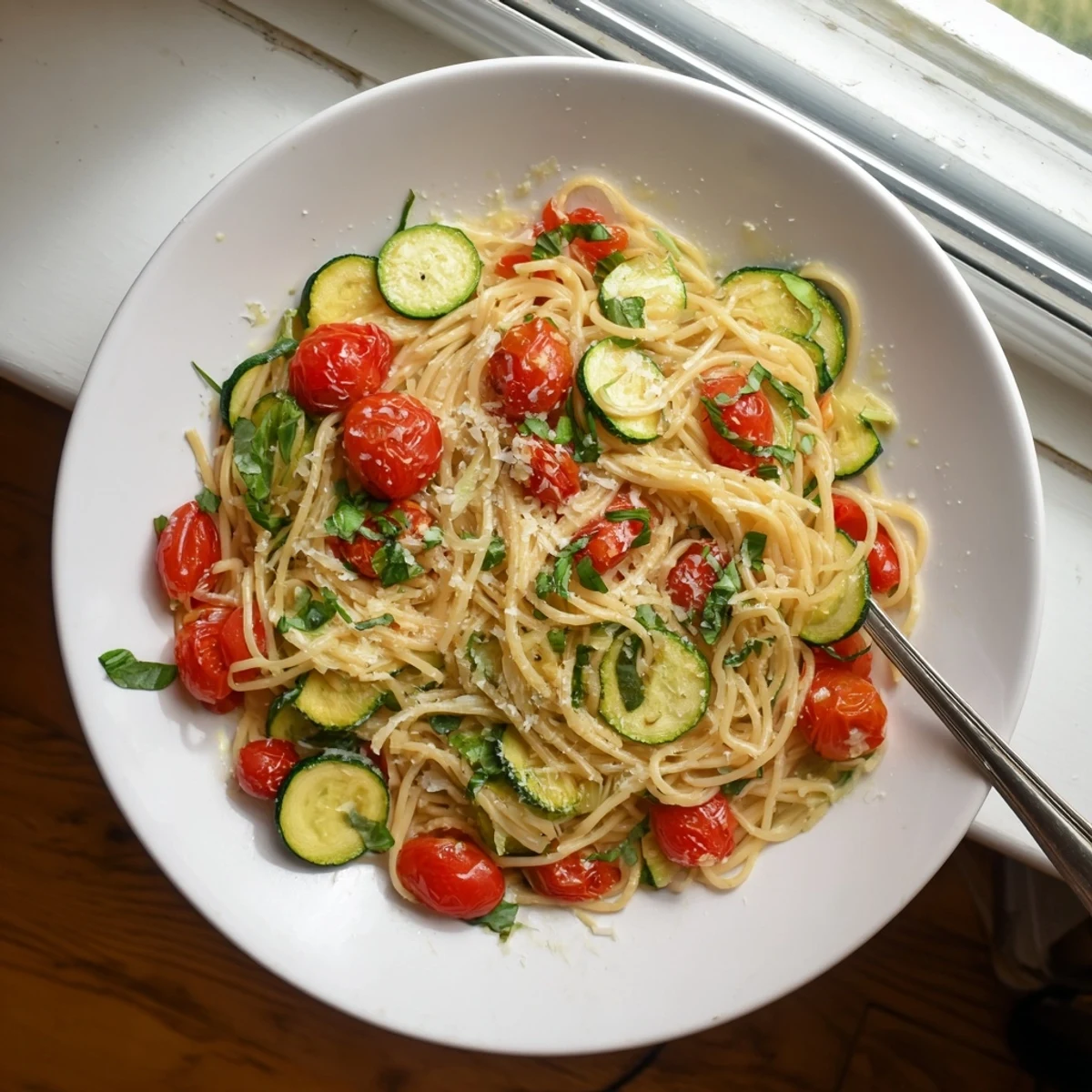 Light Italian pasta with sautéed zucchini, ripe cherry tomatoes, and garlic in a white bowl