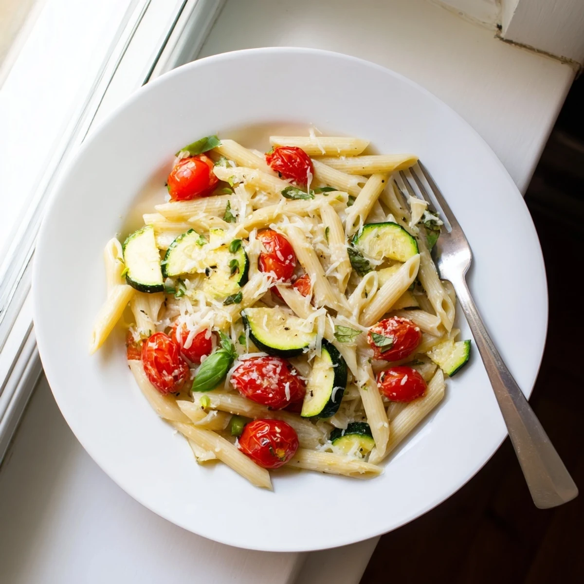 Steaming tomato zucchini pasta dish topped with green basil and cheese shreds on wooden table