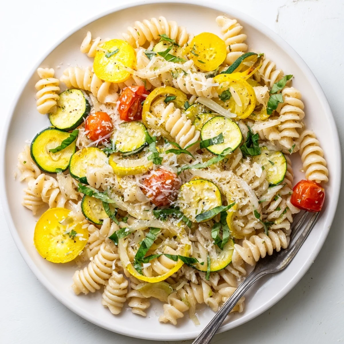 Golden summer squash pasta skillet with cherry tomatoes and fresh basil ready to serve