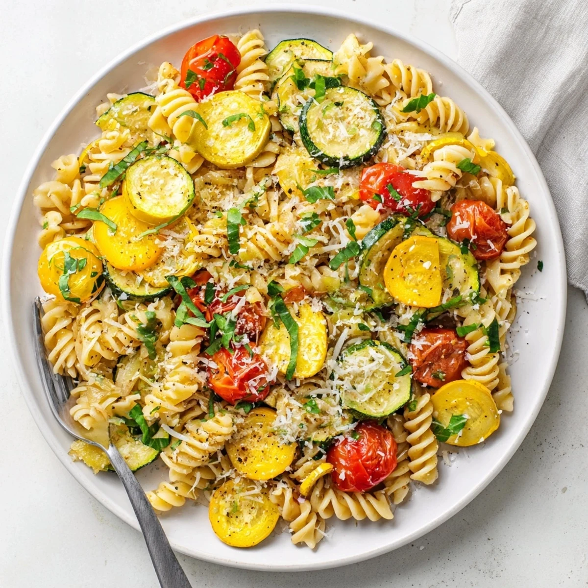 One-pan summer squash pasta skillet featuring tender zucchini and melted Parmesan cheese