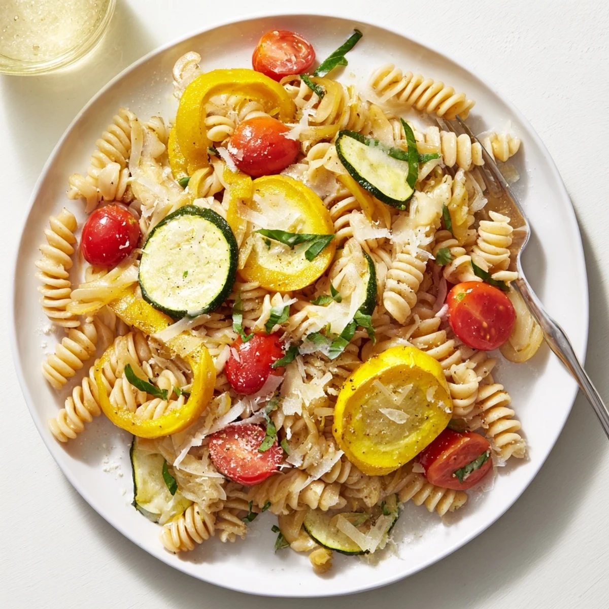 Vibrant summer squash pasta skillet tossed with herbs and ripe cherry tomatoes